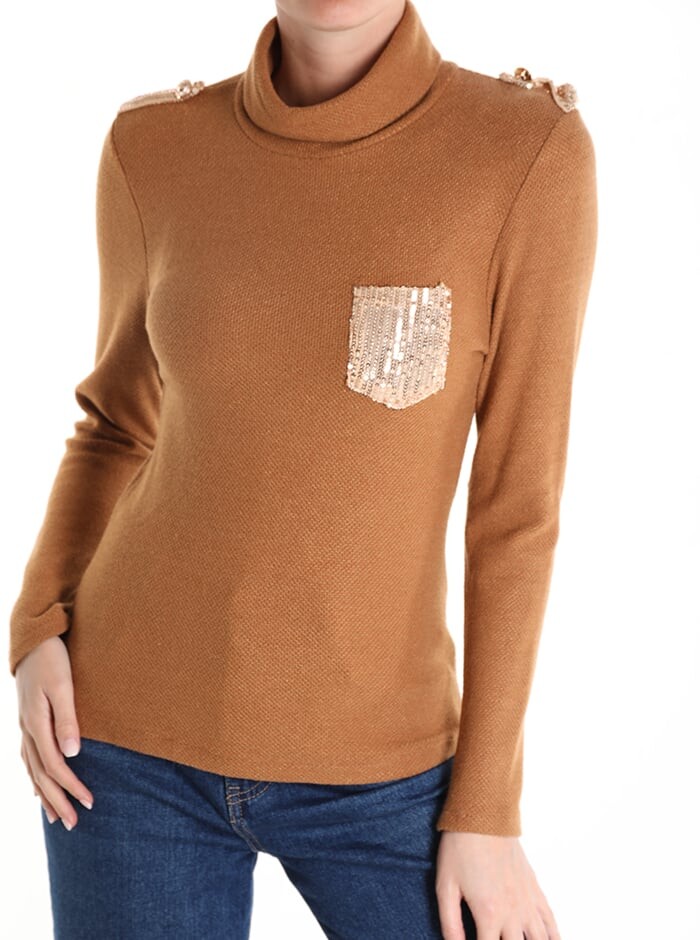 

Топ с длинными рукавами и пайетками, с карманами Rollneck, светло-коричневый