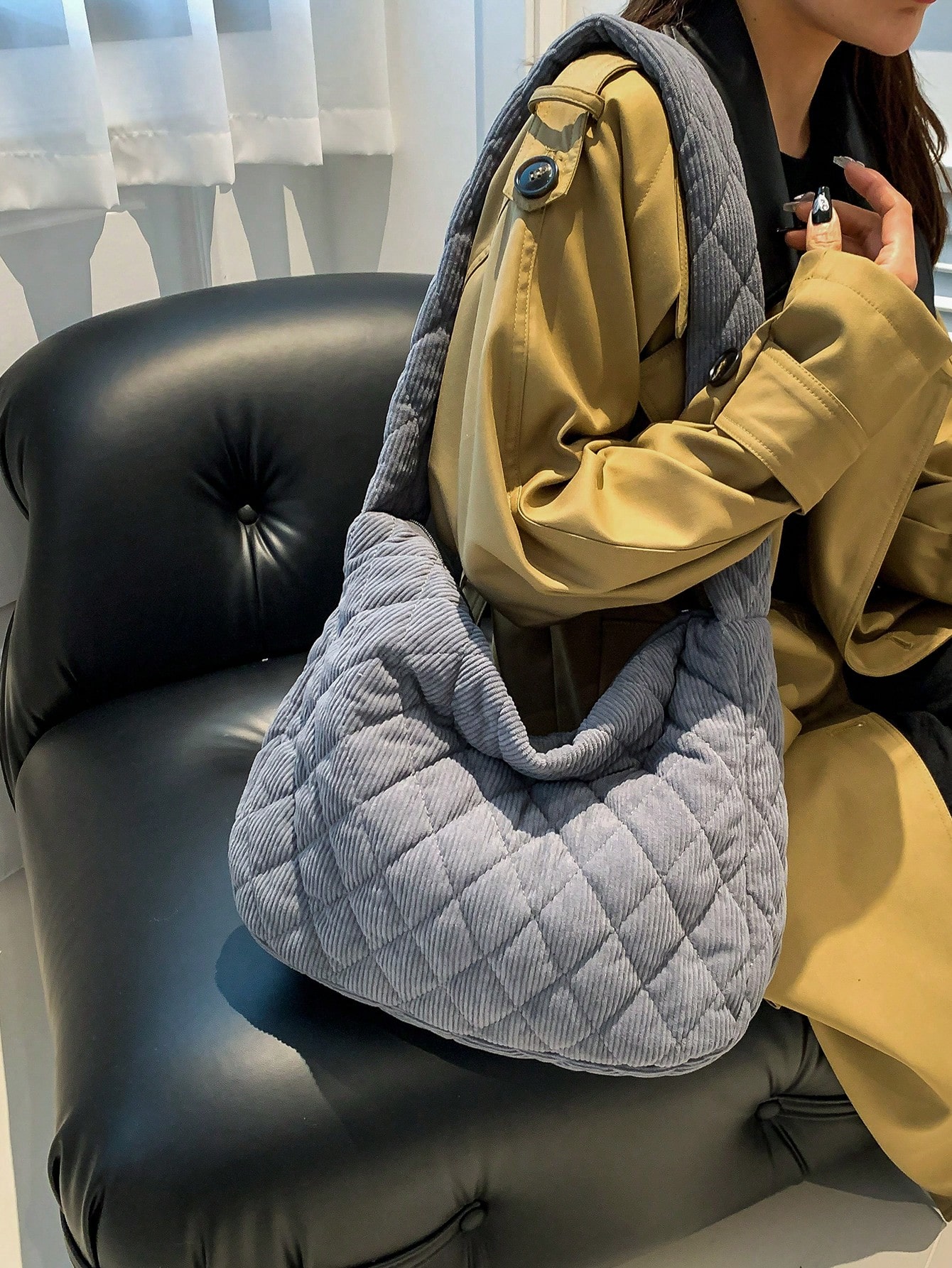 Большая вместительная сумка через плечо с клетчатой ​​отделкой, серый женская осенне зимняя стеганая куртка с отложным воротником