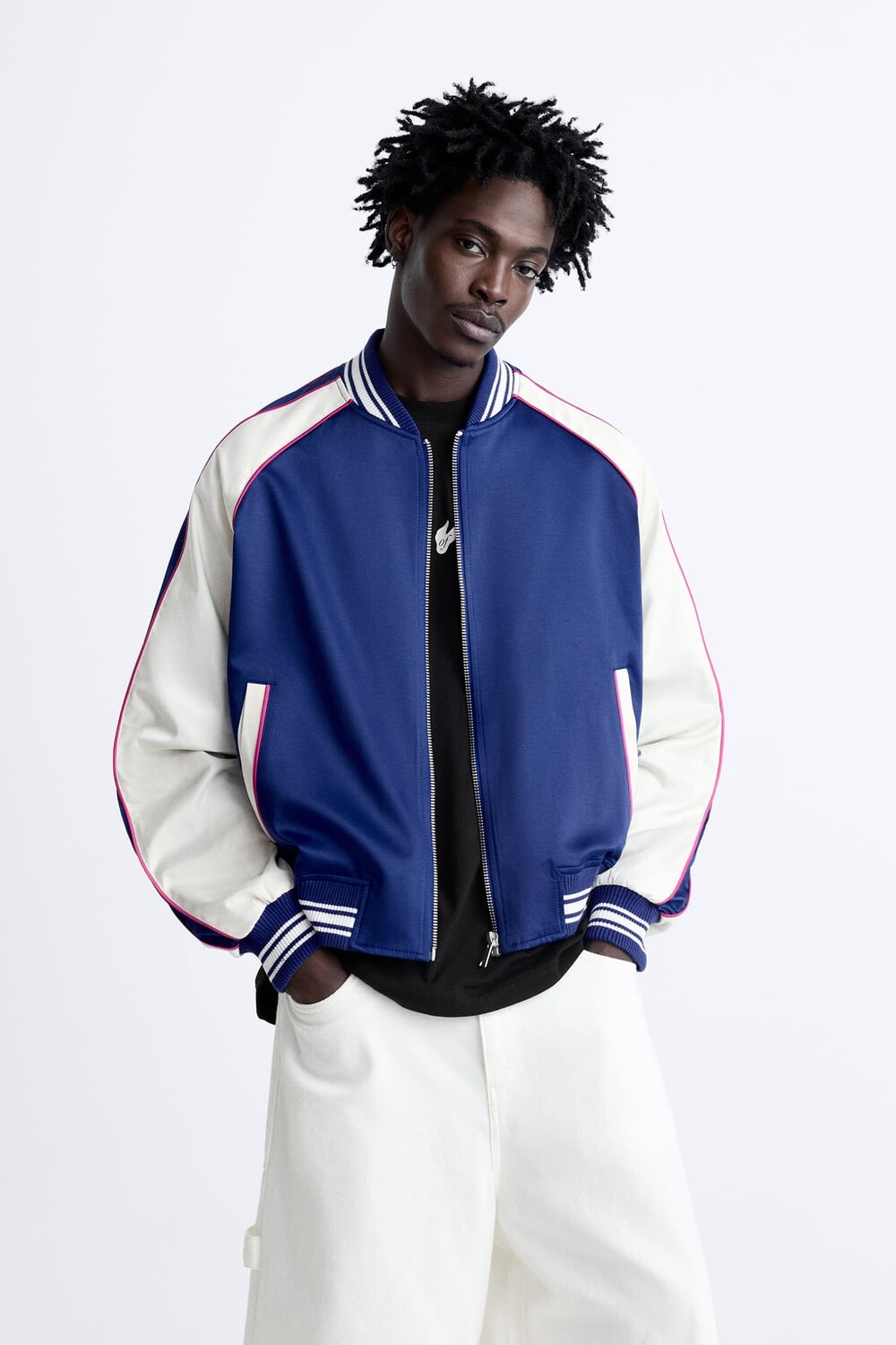 

Атласная куртка с вышивкой слоганом ZARA, Синий