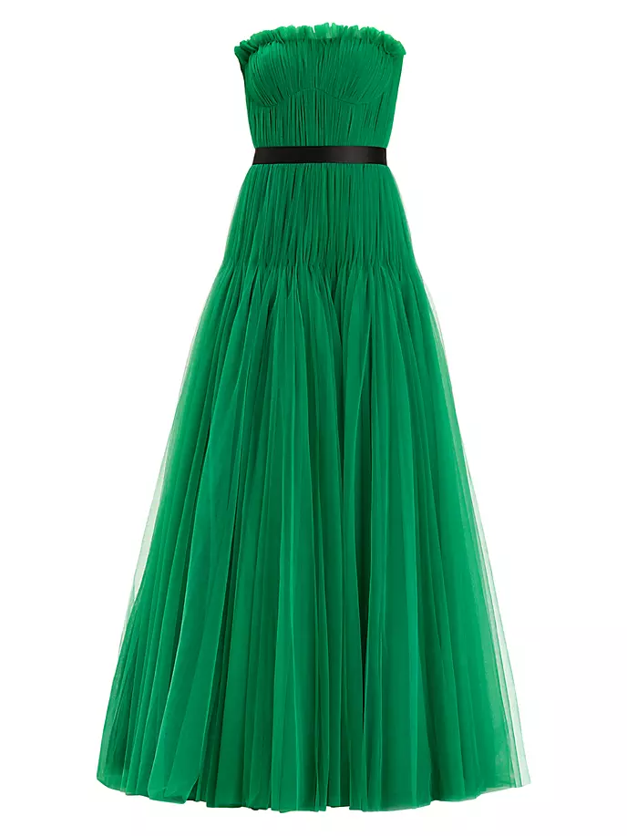 Плиссированное платье без бретелек из тюля Zac Posen, цвет emerald