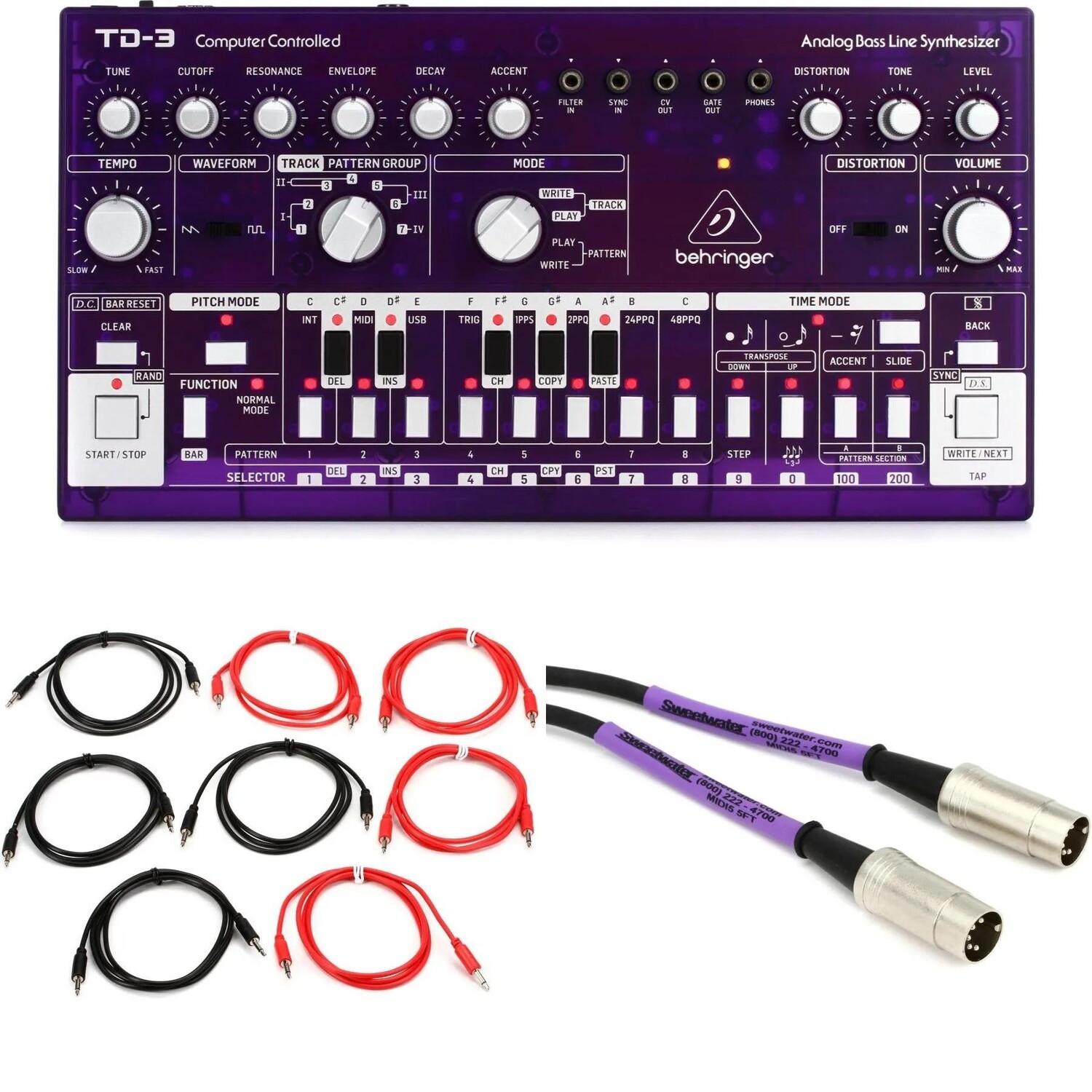 

Новый аналоговый бас-синтезатор Behringer TD-3-GP с кабелями — фиолетовый