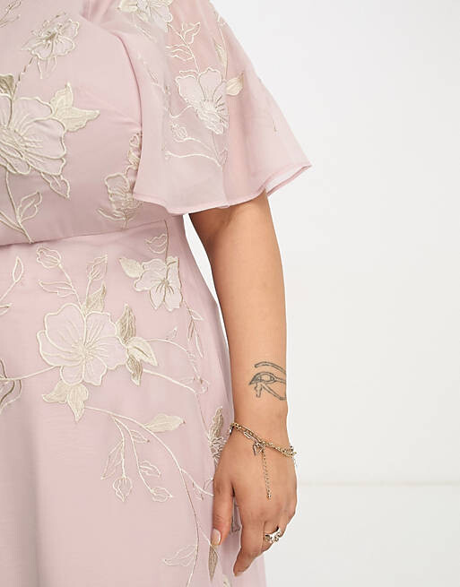 

Розовое платье макси с рукавами ангела и цветочной аппликацией ASOS DESIGN Curve Bridesmaids, Розовый
