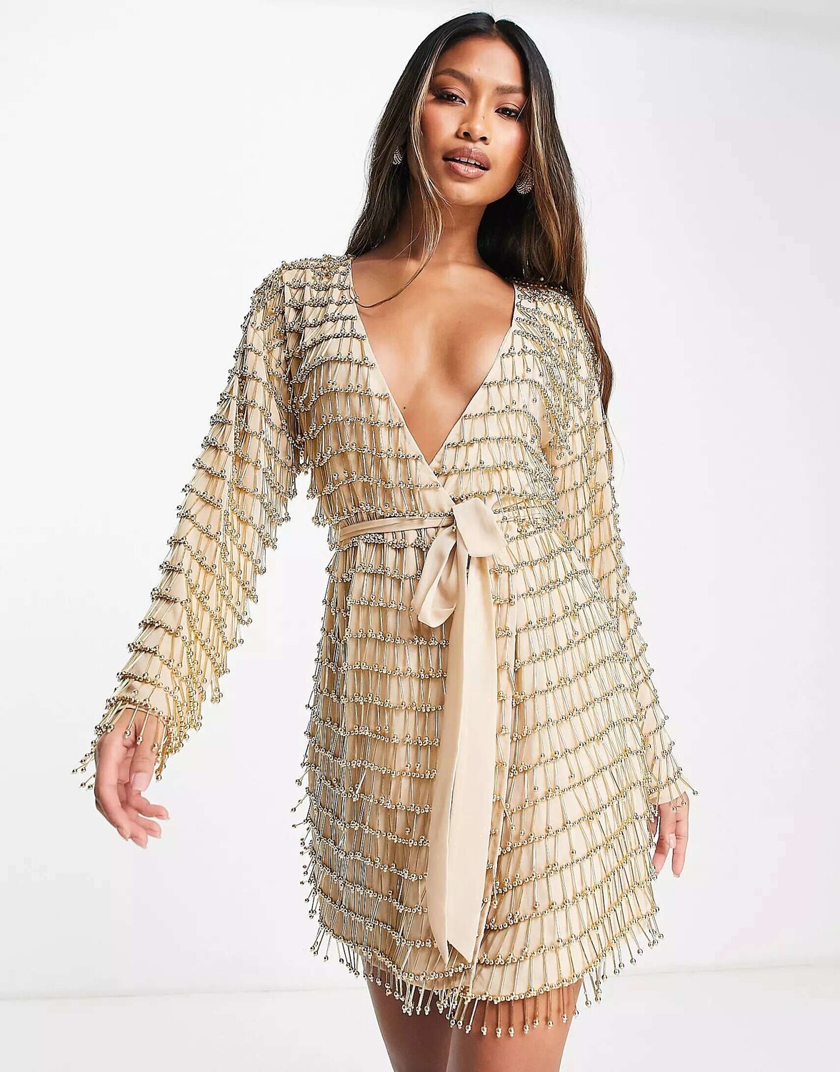 

Золотое мини-платье с запахом и бахромой из шариков ASOS, Желтый, Золотое мини-платье с запахом и бахромой из шариков ASOS