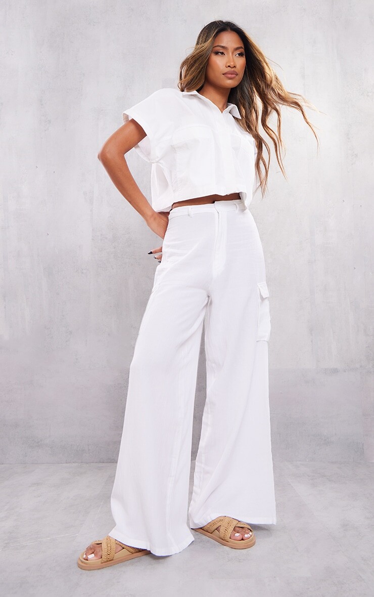 

PrettyLittleThing Белые льняные брюки карго с высокой талией и широкими штанинами, Белый