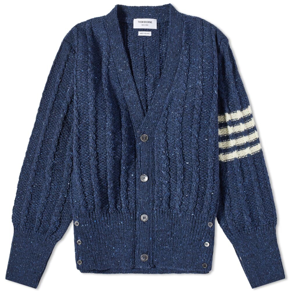 

Кардиган косой вязки Thom Browne с 4 полосками Donegal, синий