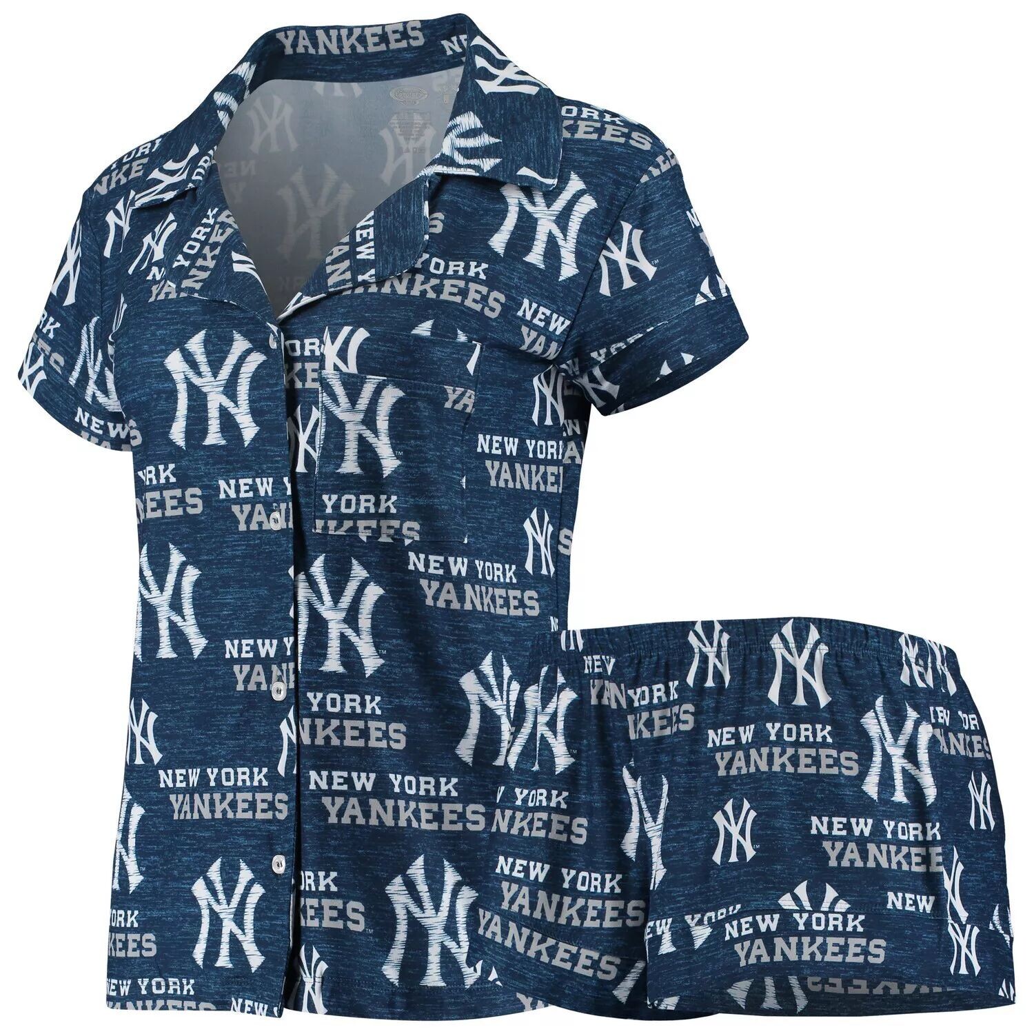 

Женский спортивный темно-синий комплект для сна на пуговицах с принтом New York Yankees Zest по всей поверхности и шорты