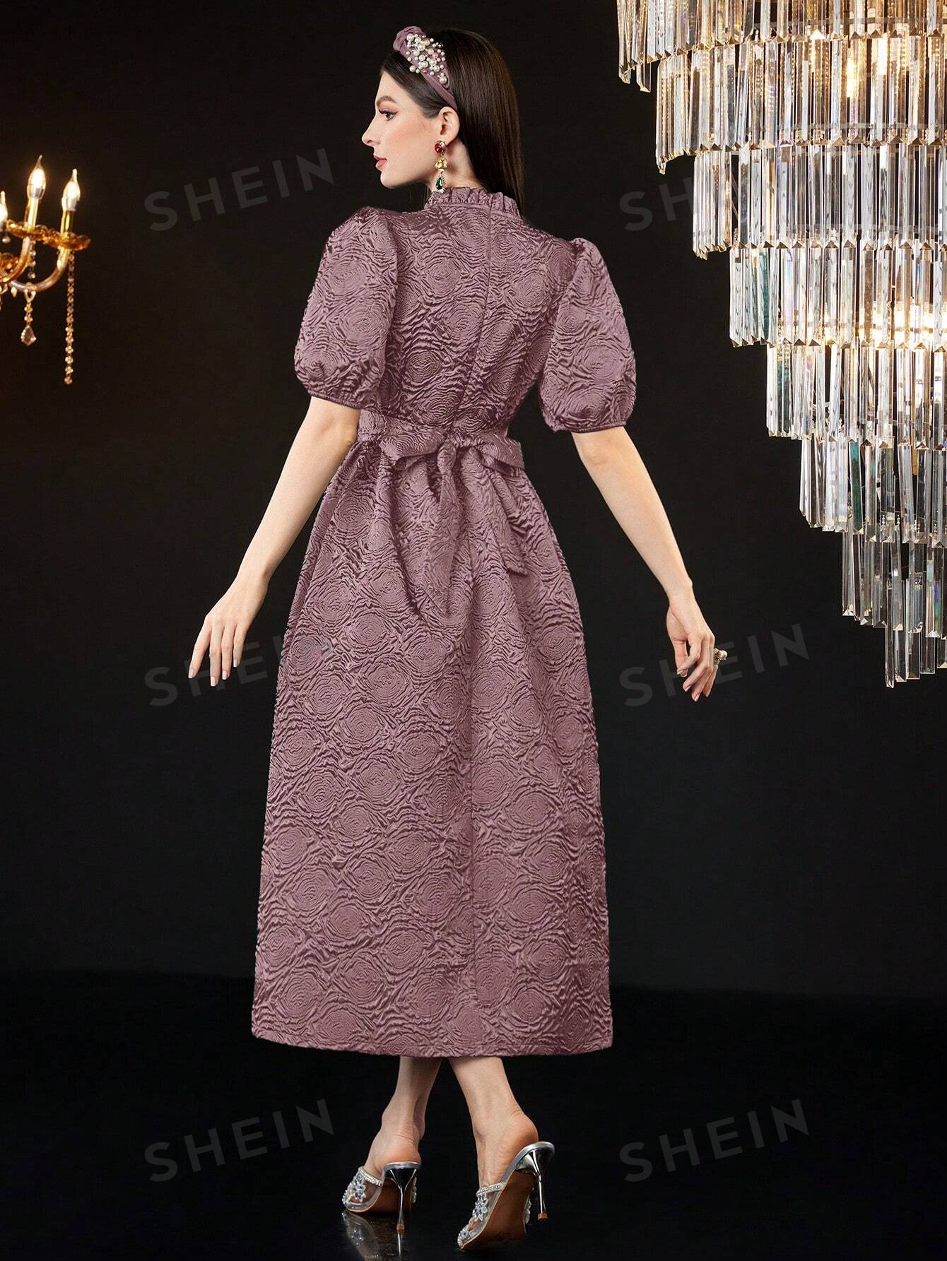 SHEIN Modely женское однотонное жаккардовое платье с объемными рукавами и украшением из страз, фиолетовый