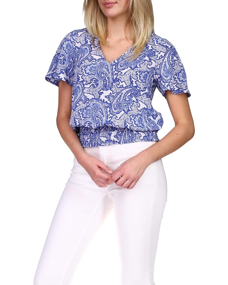 

Топ Michael Kors Compact Paisley Smocked Short Sleeve Top, белый