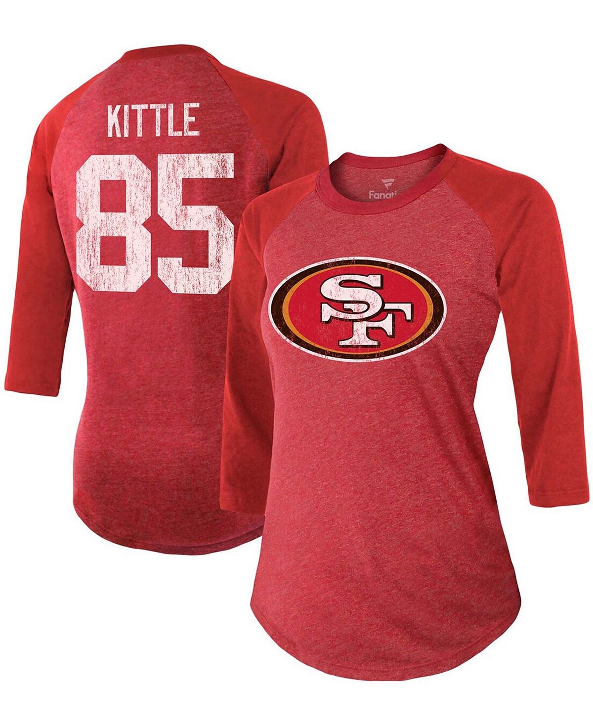 

Женская футболка George Kittle Scarlet San Francisco 49Ers Team, имя игрока, номер, футболка реглан Tri-Blend с рукавами 3/4 Fanatics