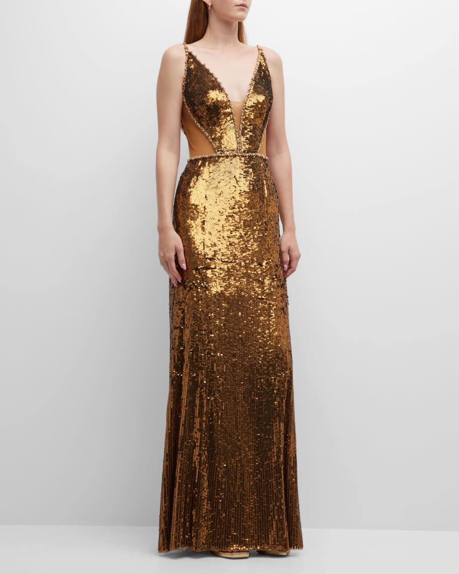

Сетчатое платье с глубоким вырезом и отделкой пайетками Amara Jenny Packham