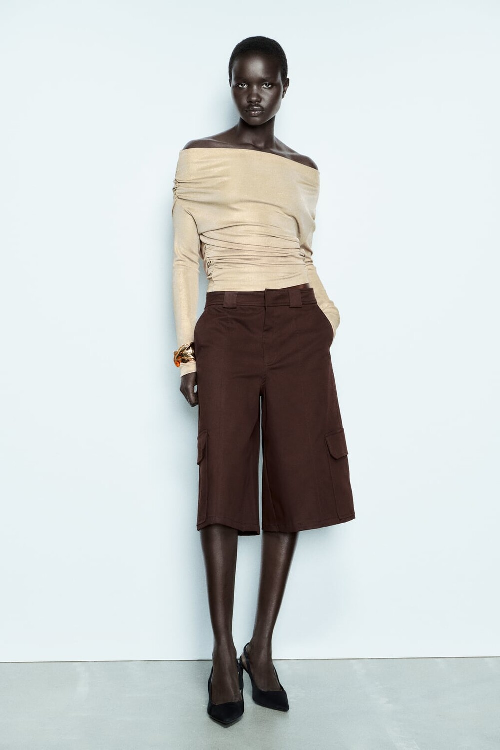 

Блестящий драпированный топ ZARA, золотой