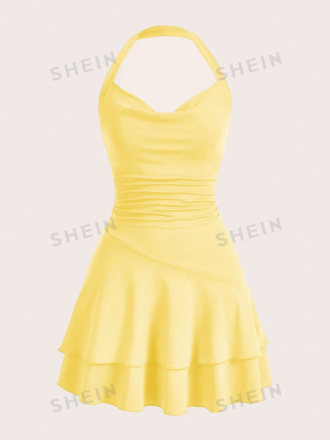 цена SHEIN MOD однотонное женское платье с бретелькой на шее и многослойным подолом, желтый
