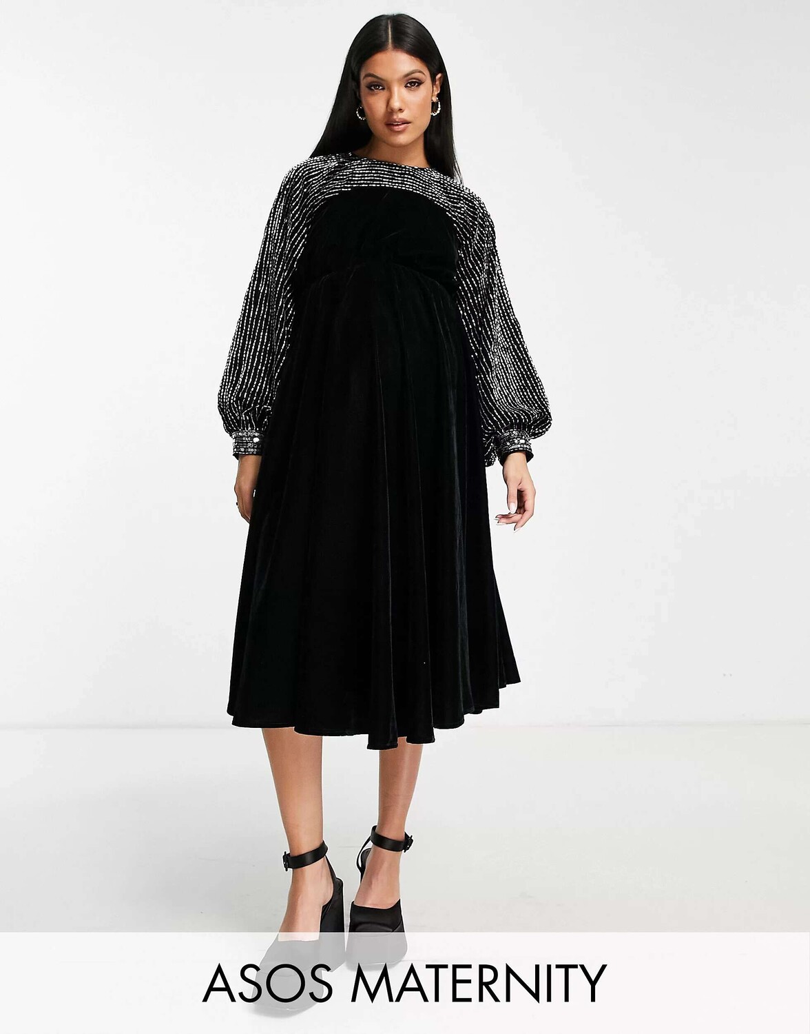 

Черное бархатное платье миди с кокеткой и декоративными деталями ASOS DESIGN Maternity, Черный