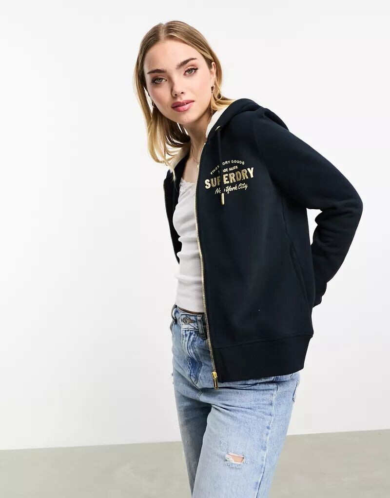 

Роскошная темно-синяя куртка с капюшоном Superdry и металлическим логотипом