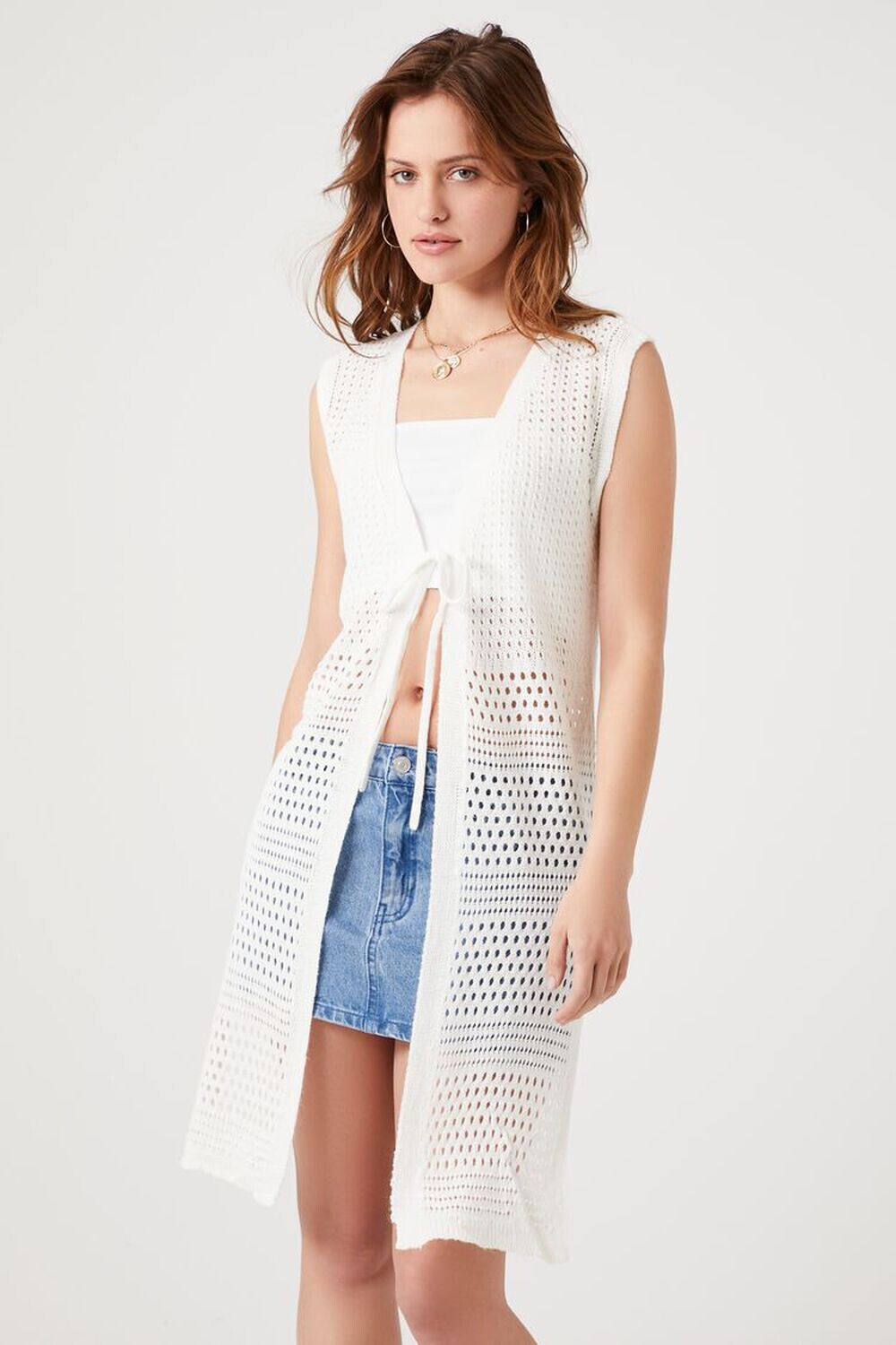 

Длинный свитер-жилет Pointelle Forever 21, кремовый, Бежевый