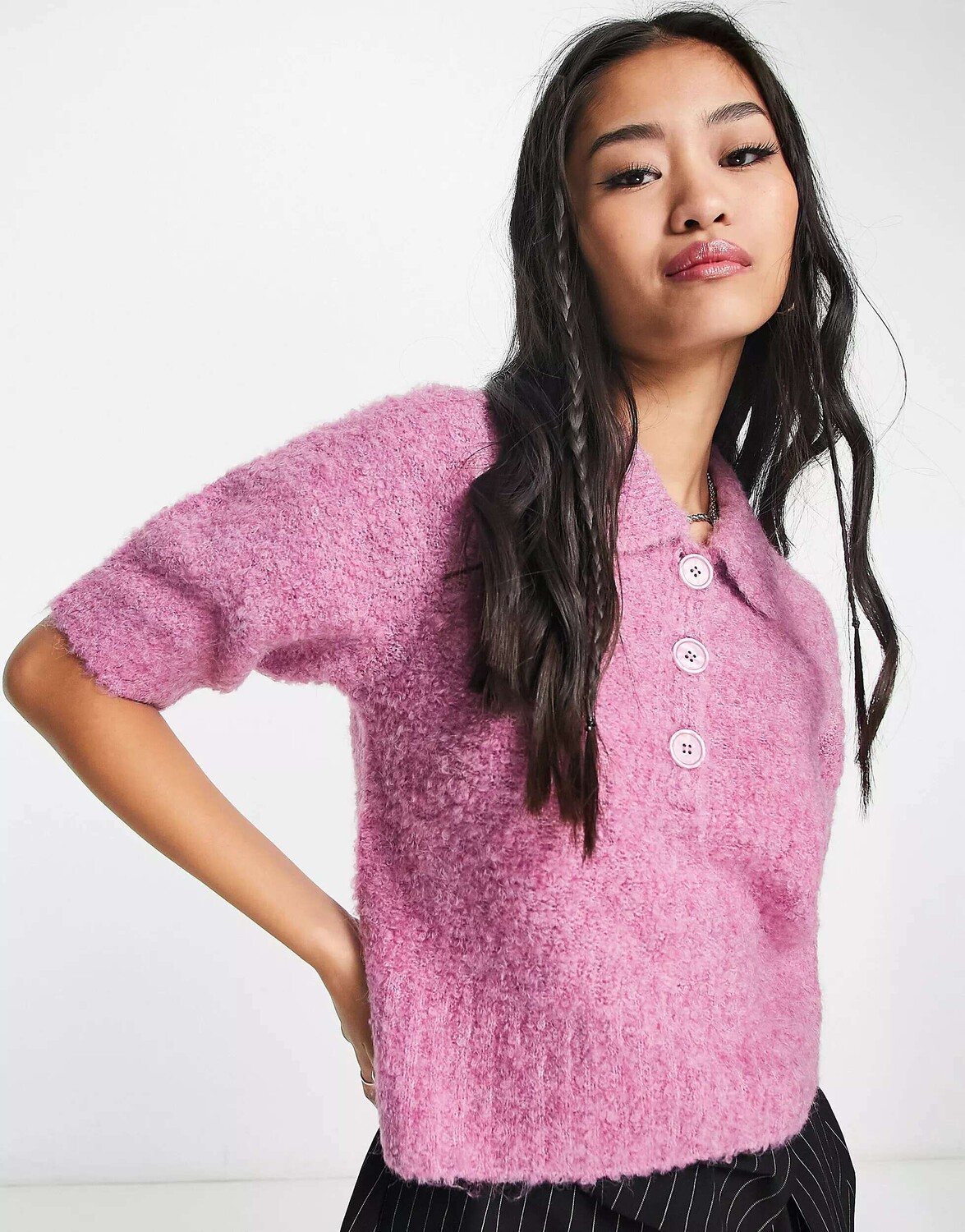 

Розовый вязаный топ с пышными пуговицами Vero Moda