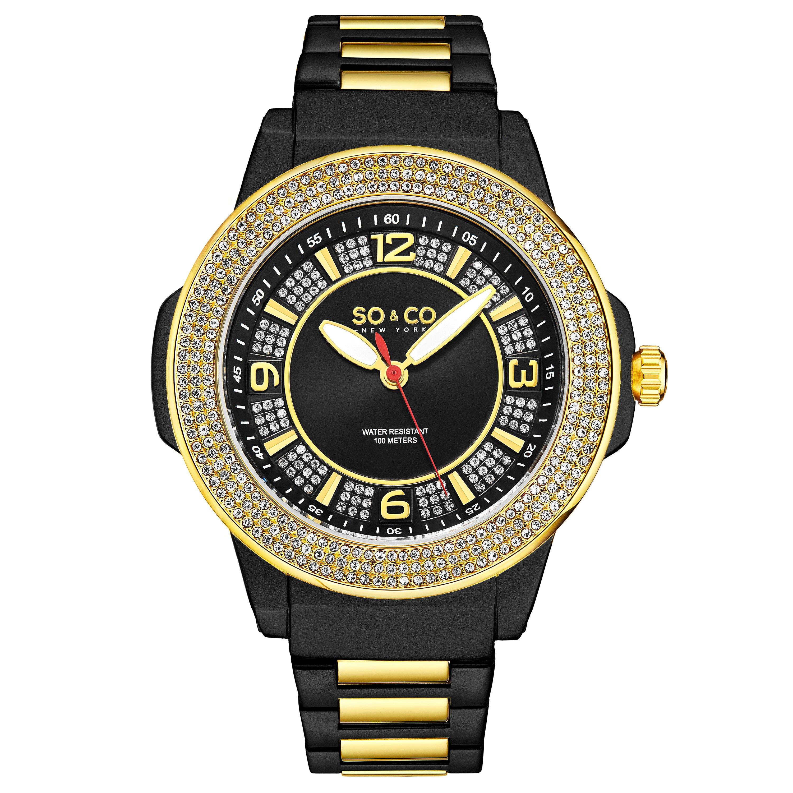 Кварцевые часы Madison 5565, диаметр 48 мм, с безелем, усыпанным кристаллами, и серебряным циферблатом SO&CO, черный