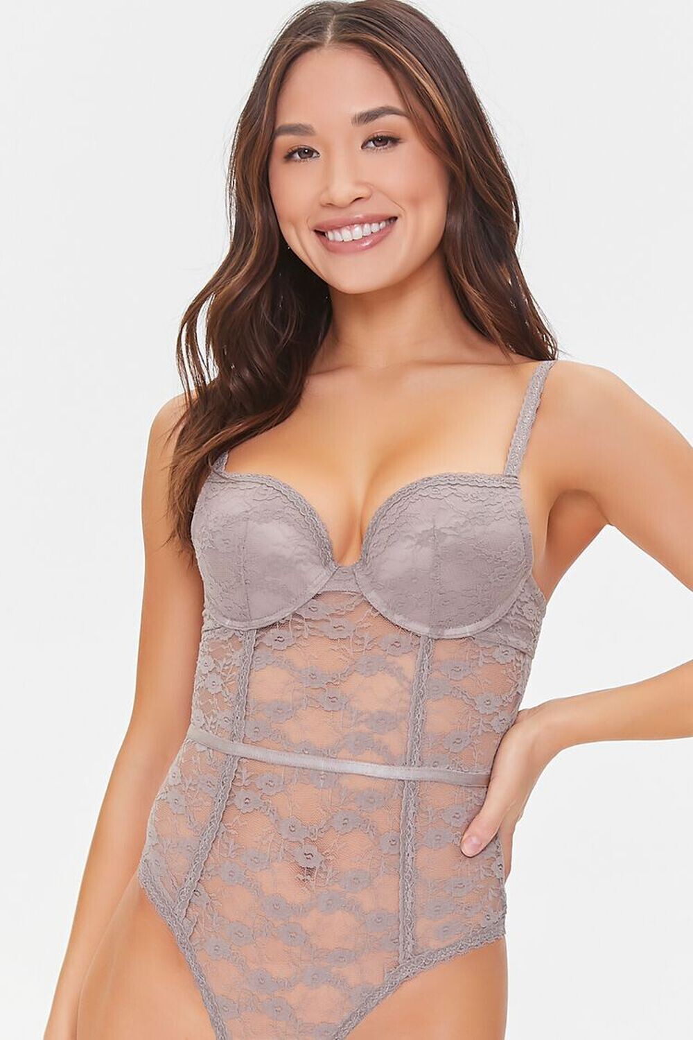 

Боди из кружевной сетки с цветочным принтом Forever 21, капучино