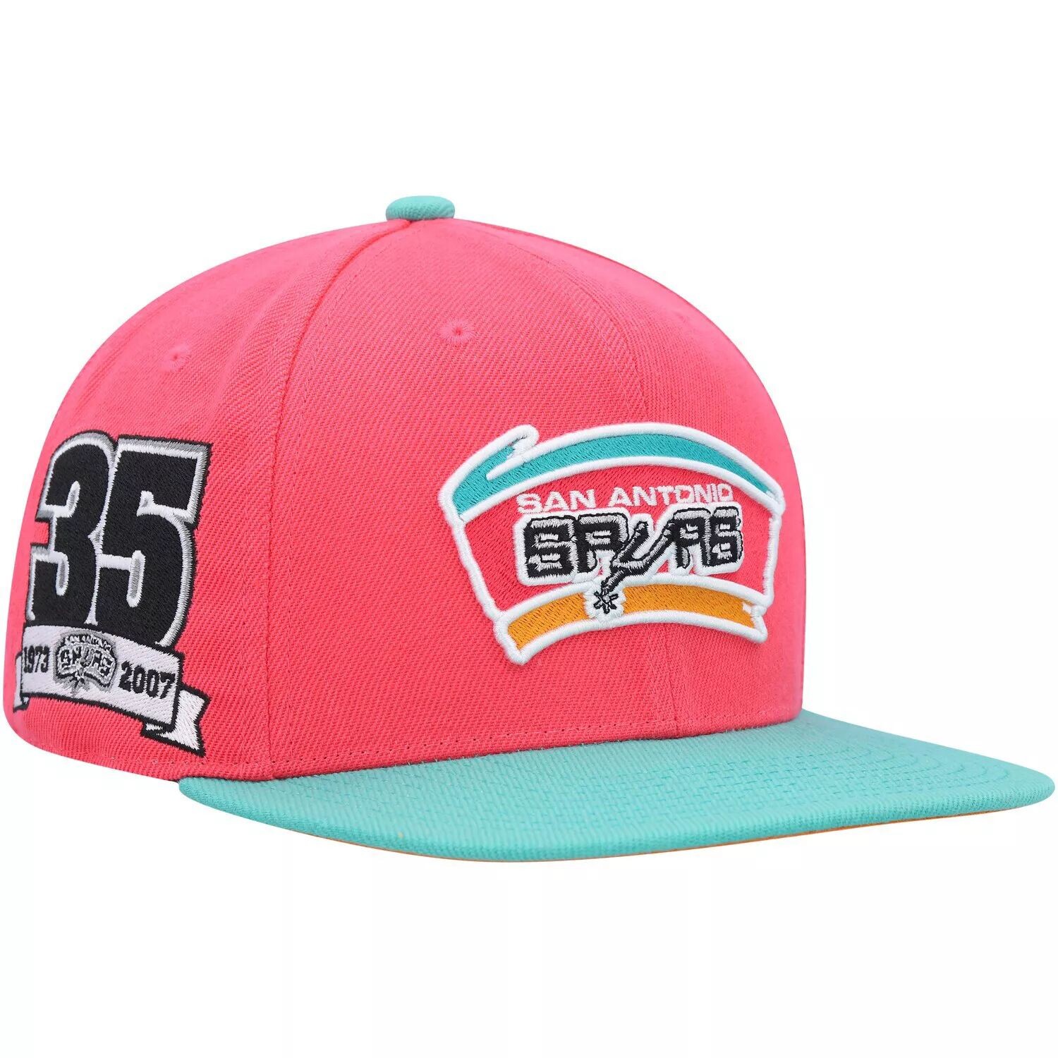 

Мужская кепка Mitchell & Ness розового/бирюзового цвета с боковой посадкой в ​​честь 35-летия команды San Antonio Spurs Hardwood Classics