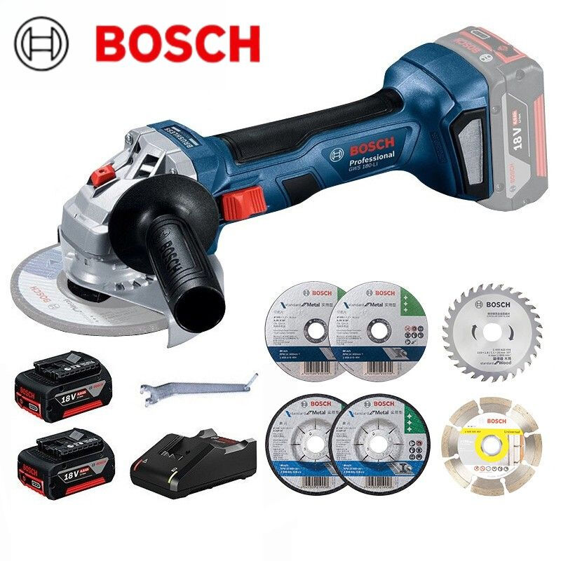 Угловая шлифовальная машина Bosch GWS 180-Li + насадки, два аккумулятора, зарядное устройство