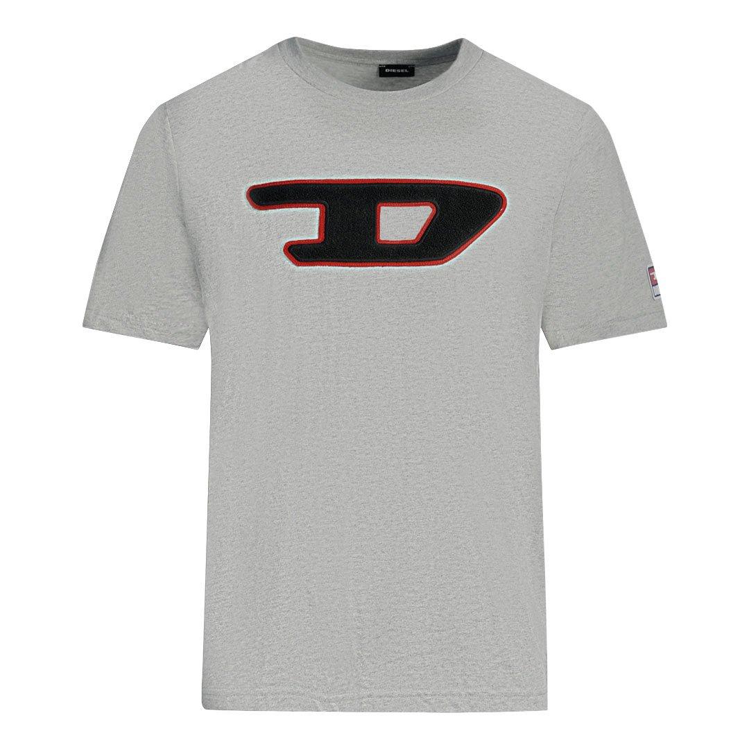 Серая футболка с большим вышитым логотипом D Diesel, серый