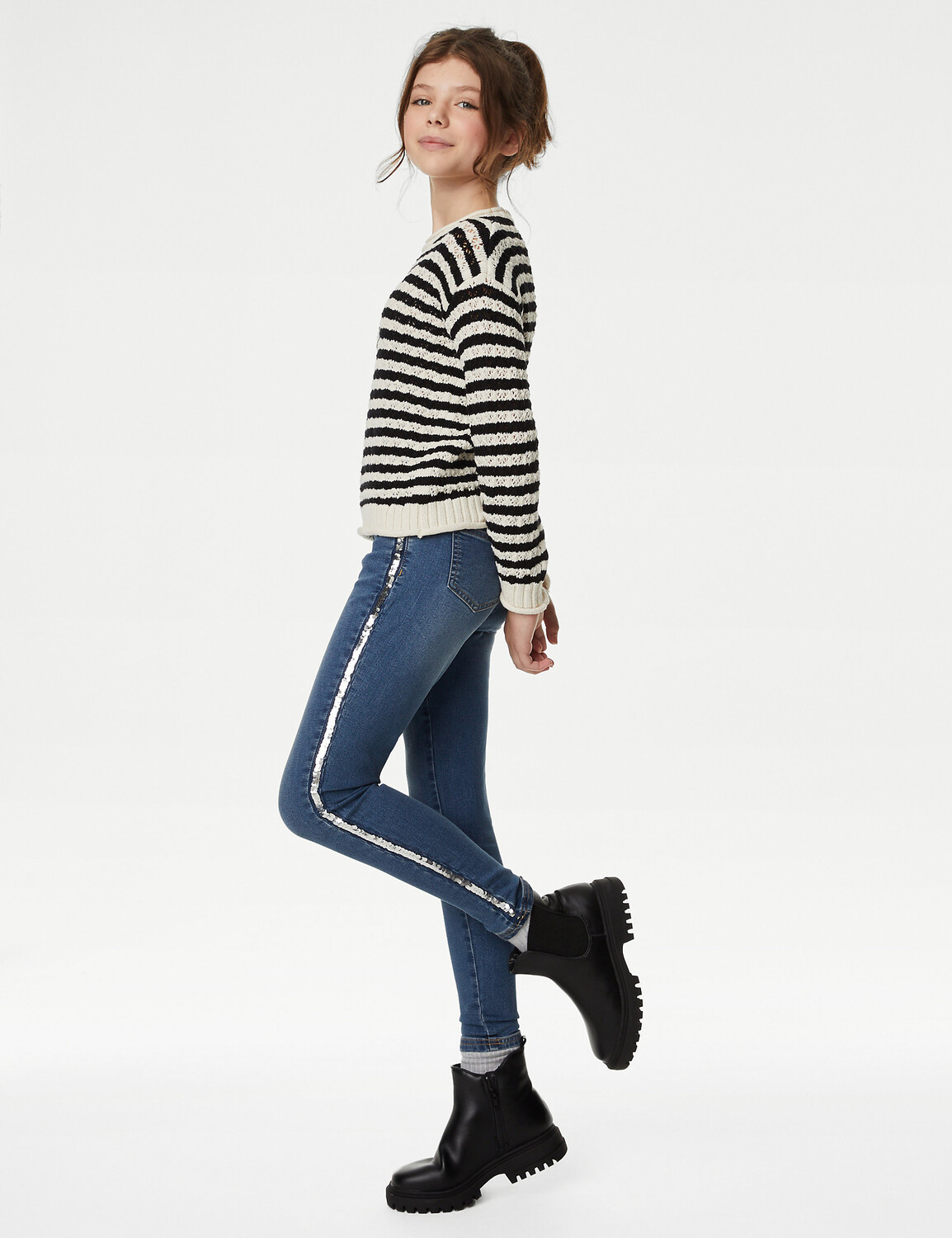 

Джинсы скинни из хлопка с богатыми пайетками (6–16 лет) Marks & Spencer, деним