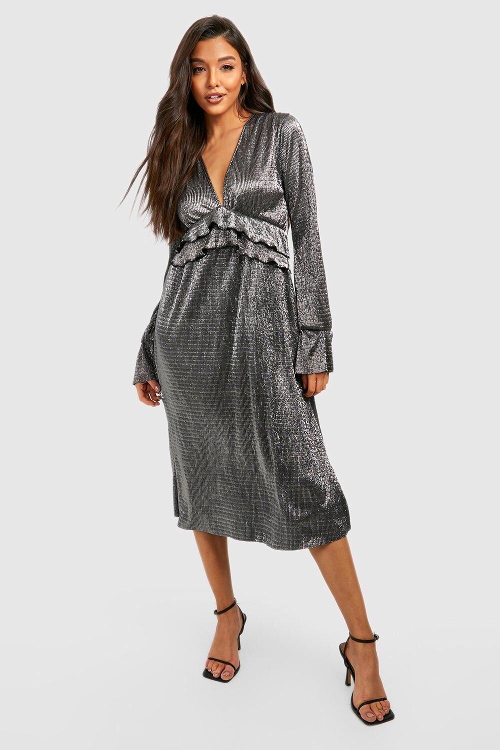 

Вечеринческое платье миди с оборками металлического типа Boohoo, черный