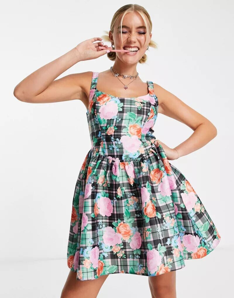 

Атласное корсетное платье мини в клетку Miss Selfridge