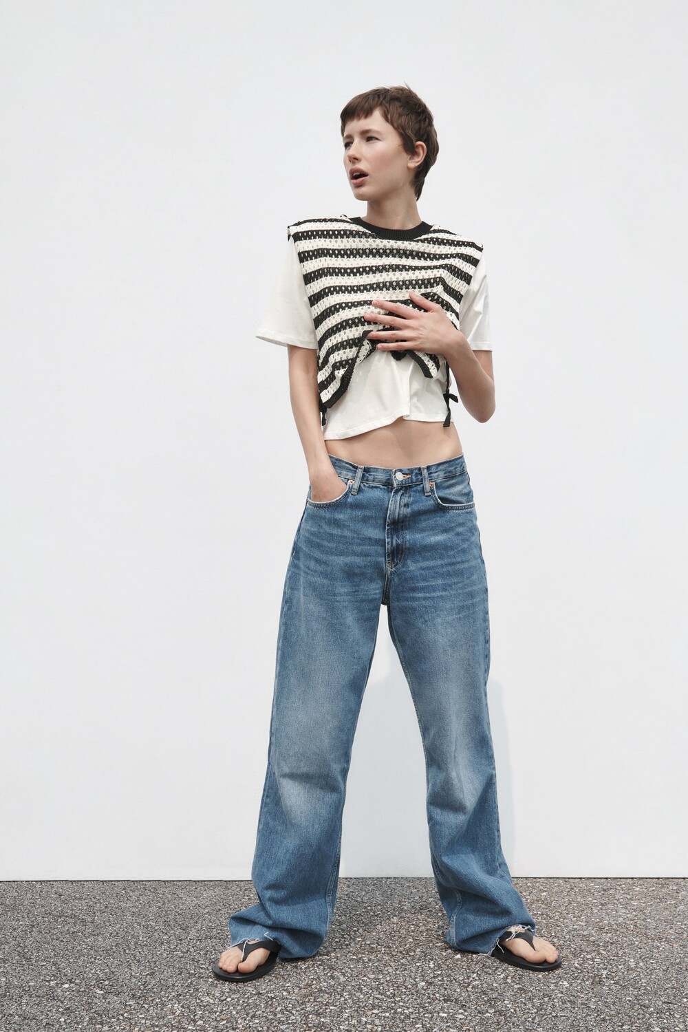 

Жилет рубашка запасной трикотаж Zara, черный / экрю