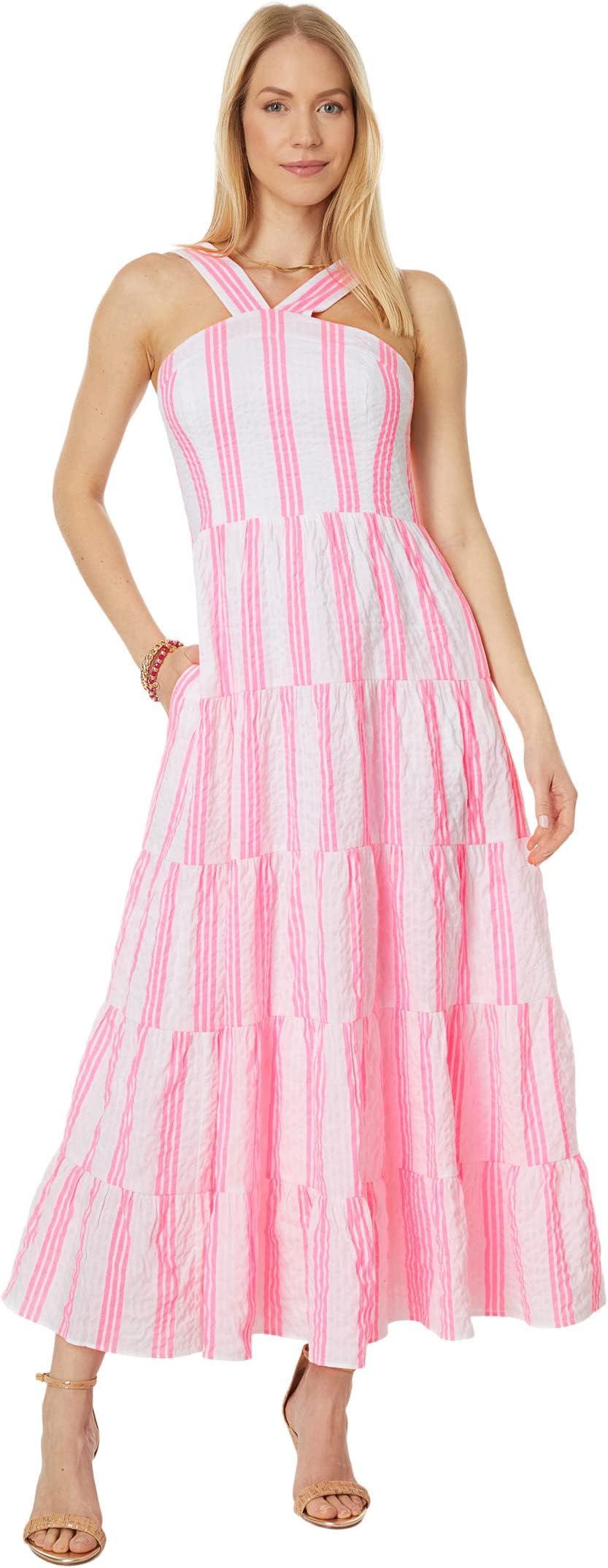 

Платье Jenette Striped Halter Maxi Lilly Pulitzer, цвет Havana Pink Sails and Stripes Seersucker