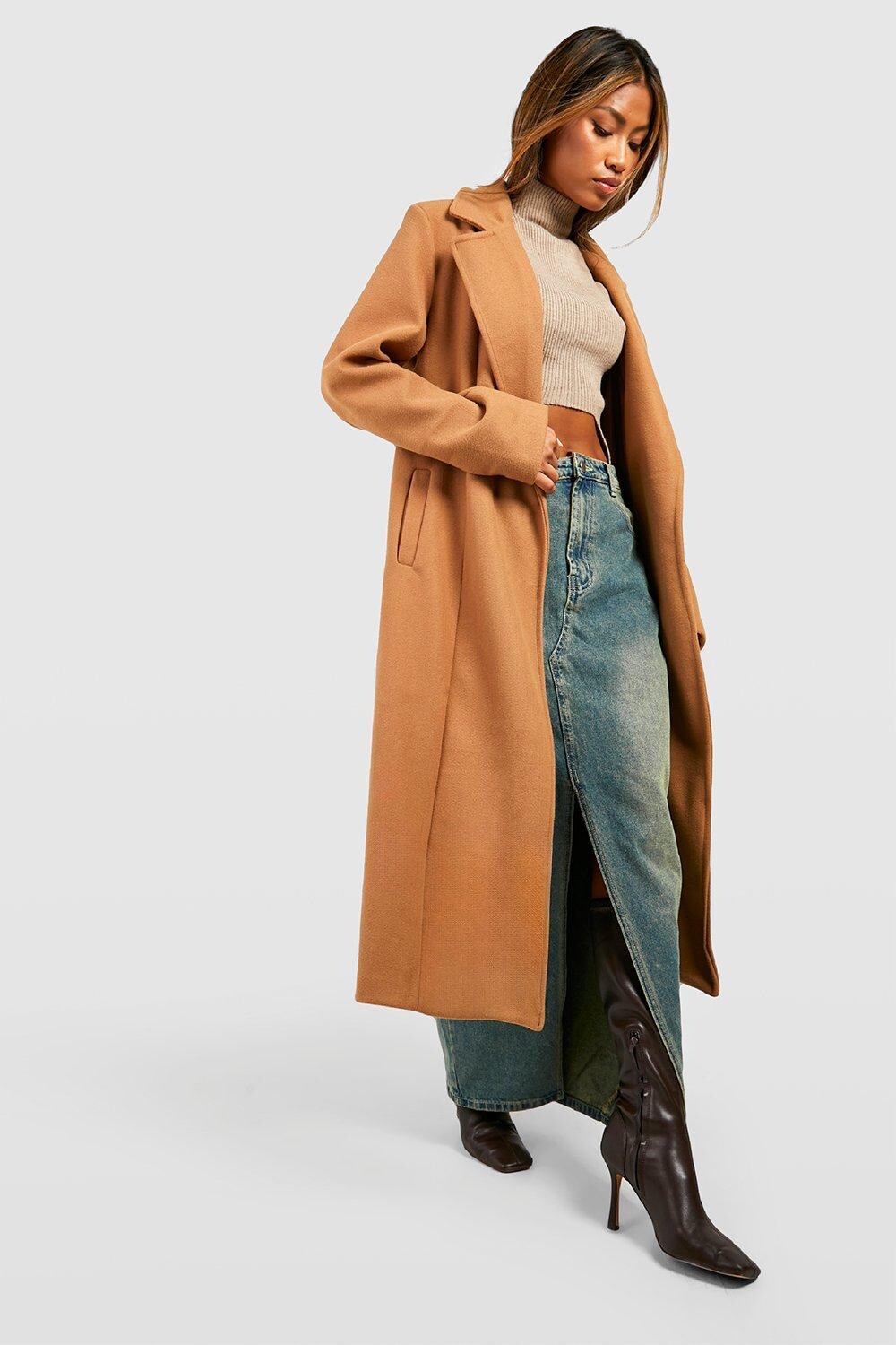 

Стильное пальто из шерсти Boohoo, кэмел