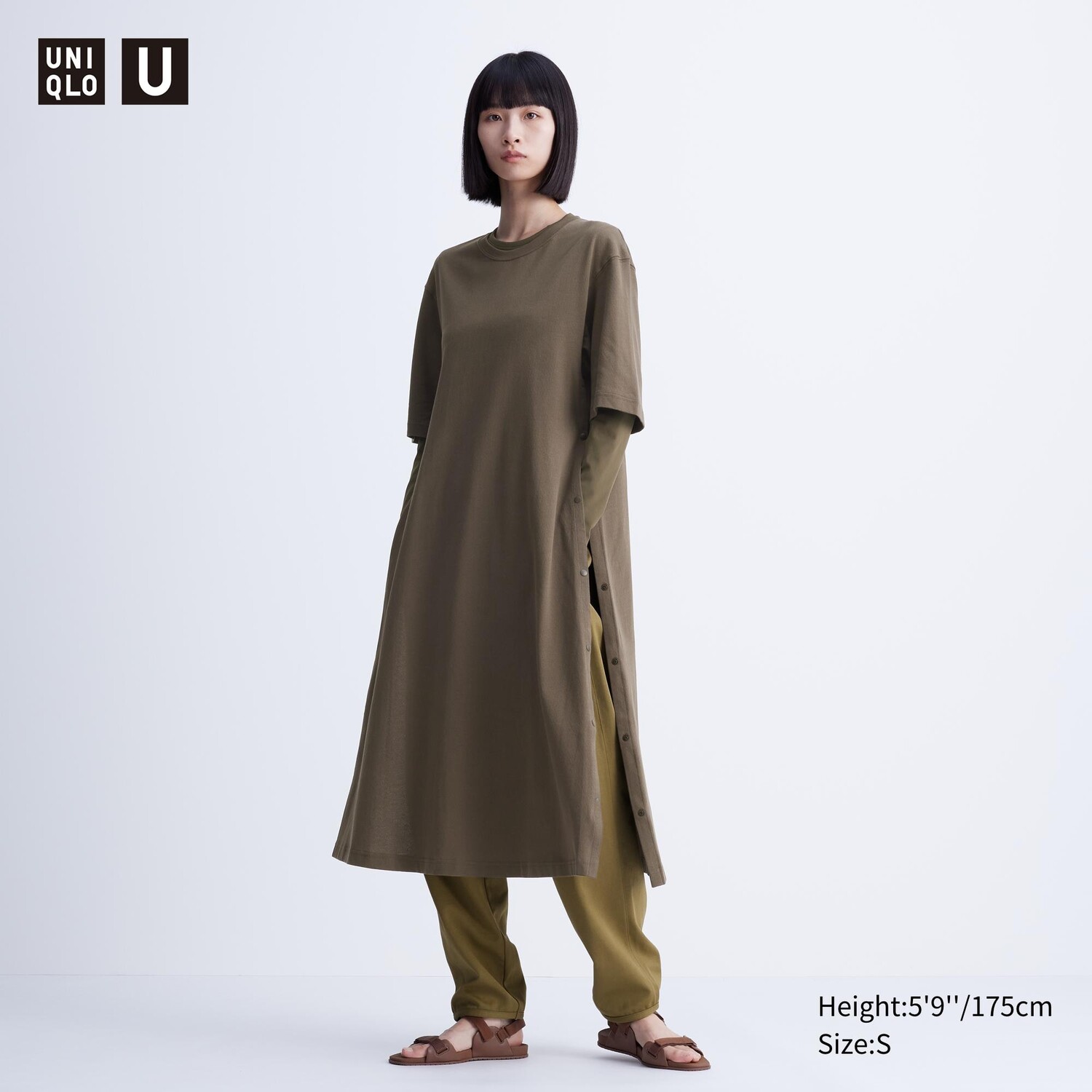 Платье из хлопка с коротким рукавом UNIQLO, темно коричневый