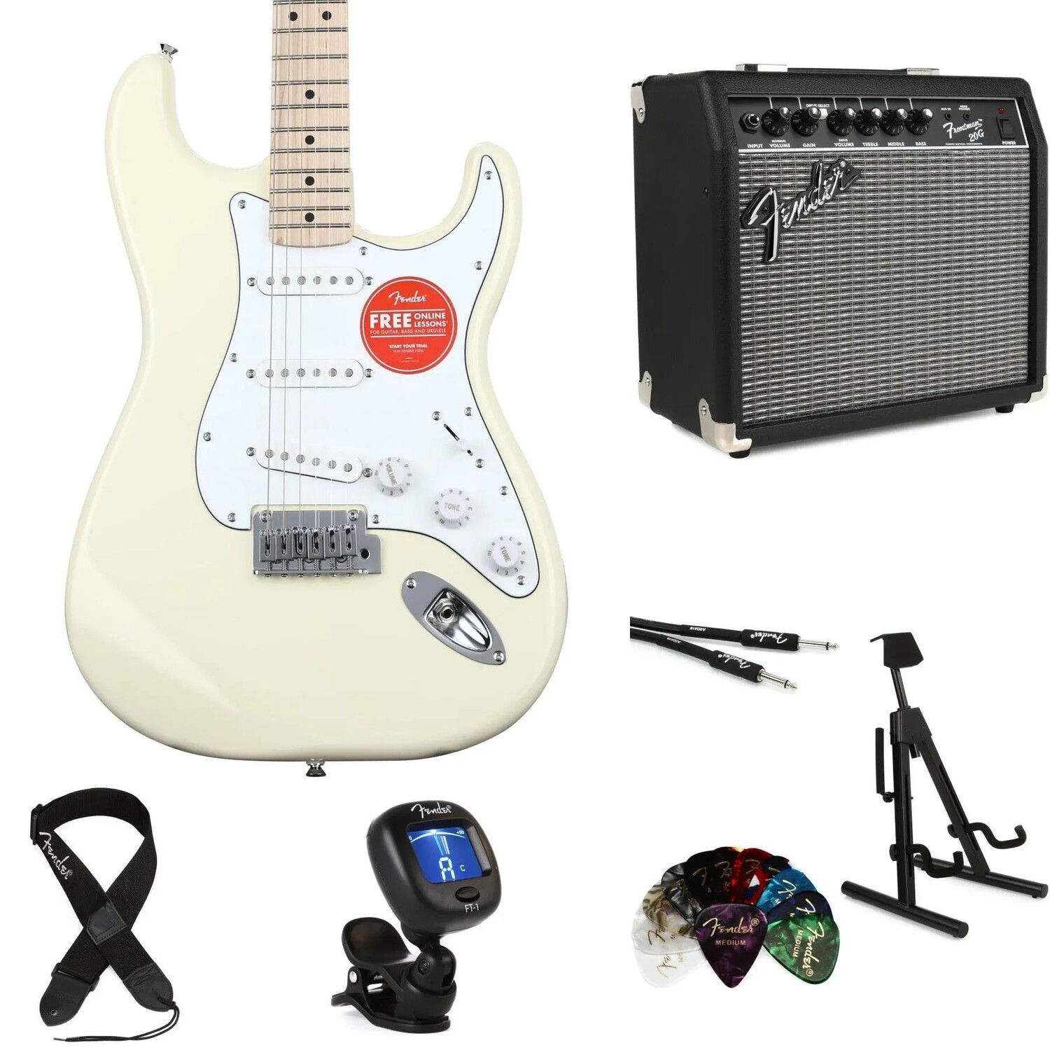 

Комплект электрогитары Stratocaster серии Squier Affinity и усилителя Fender Frontman 20G Essentials — олимпийский белый
