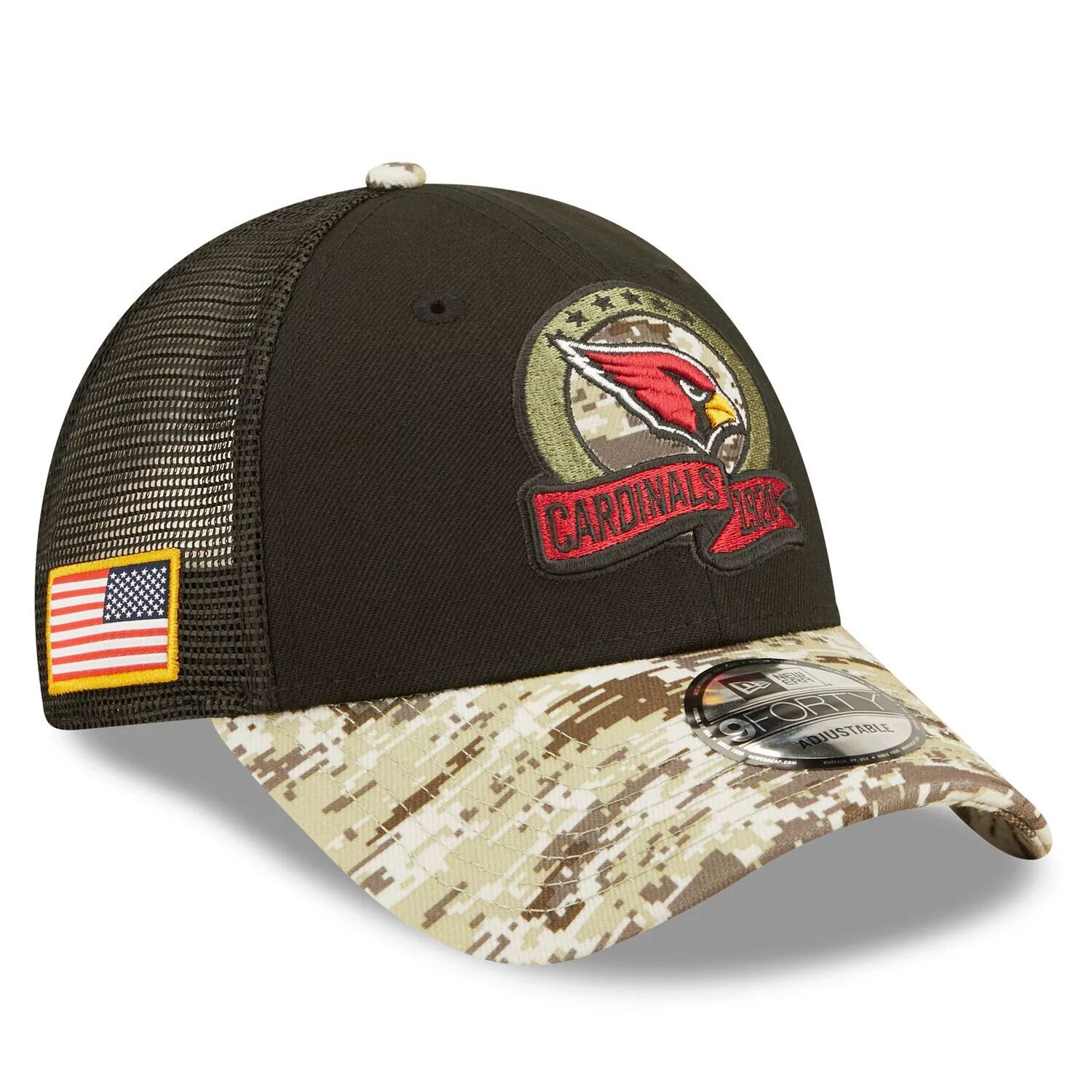

Мужская кепка New Era Black/Camo Arizona Cardinals 2022 Salute To Service 9FORTY Snapback Trucker Hat
