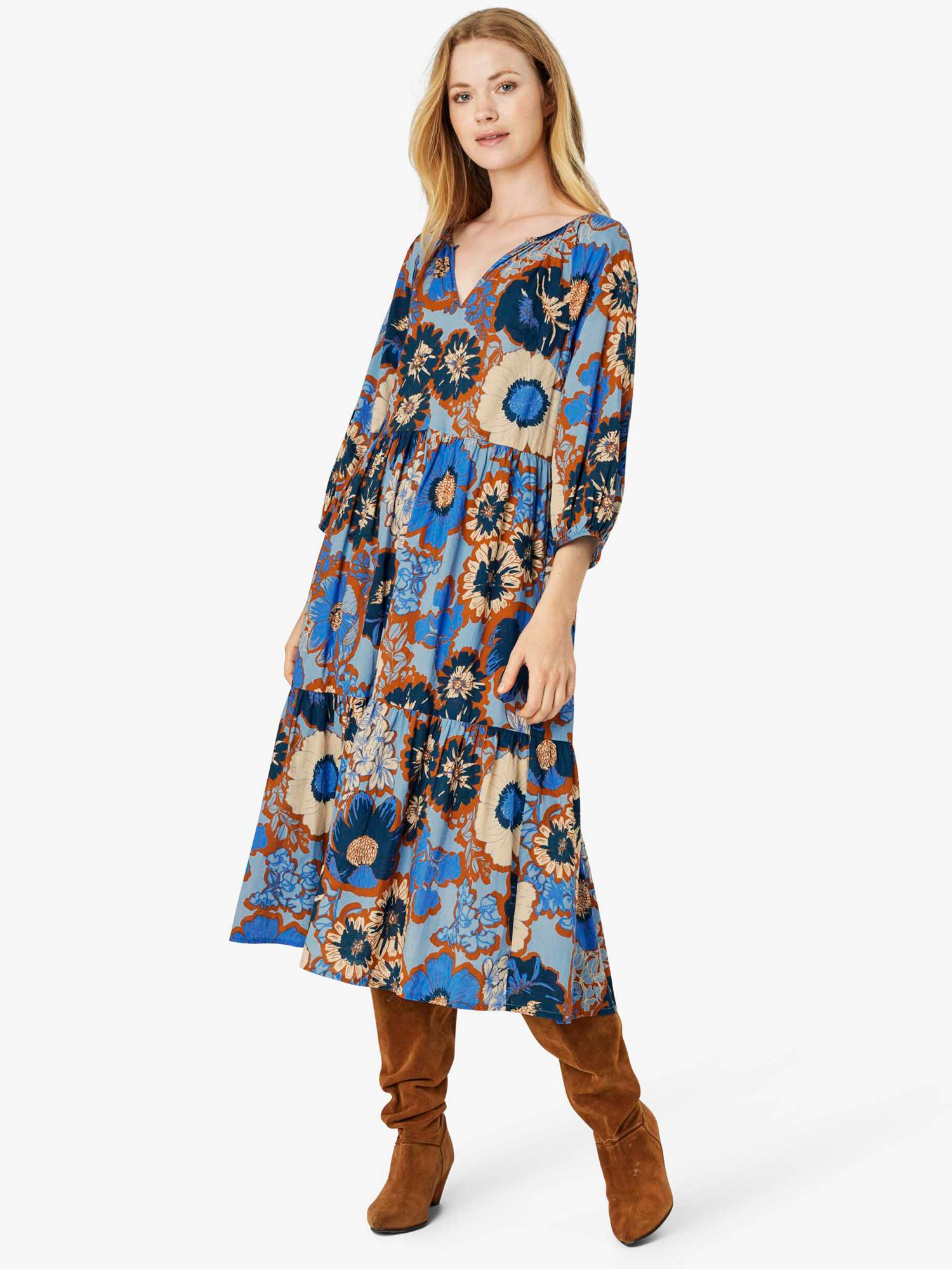 Многоярусное платье миди с цветочным принтом Carolina Noa Noa, синий/коричневый цена и фото