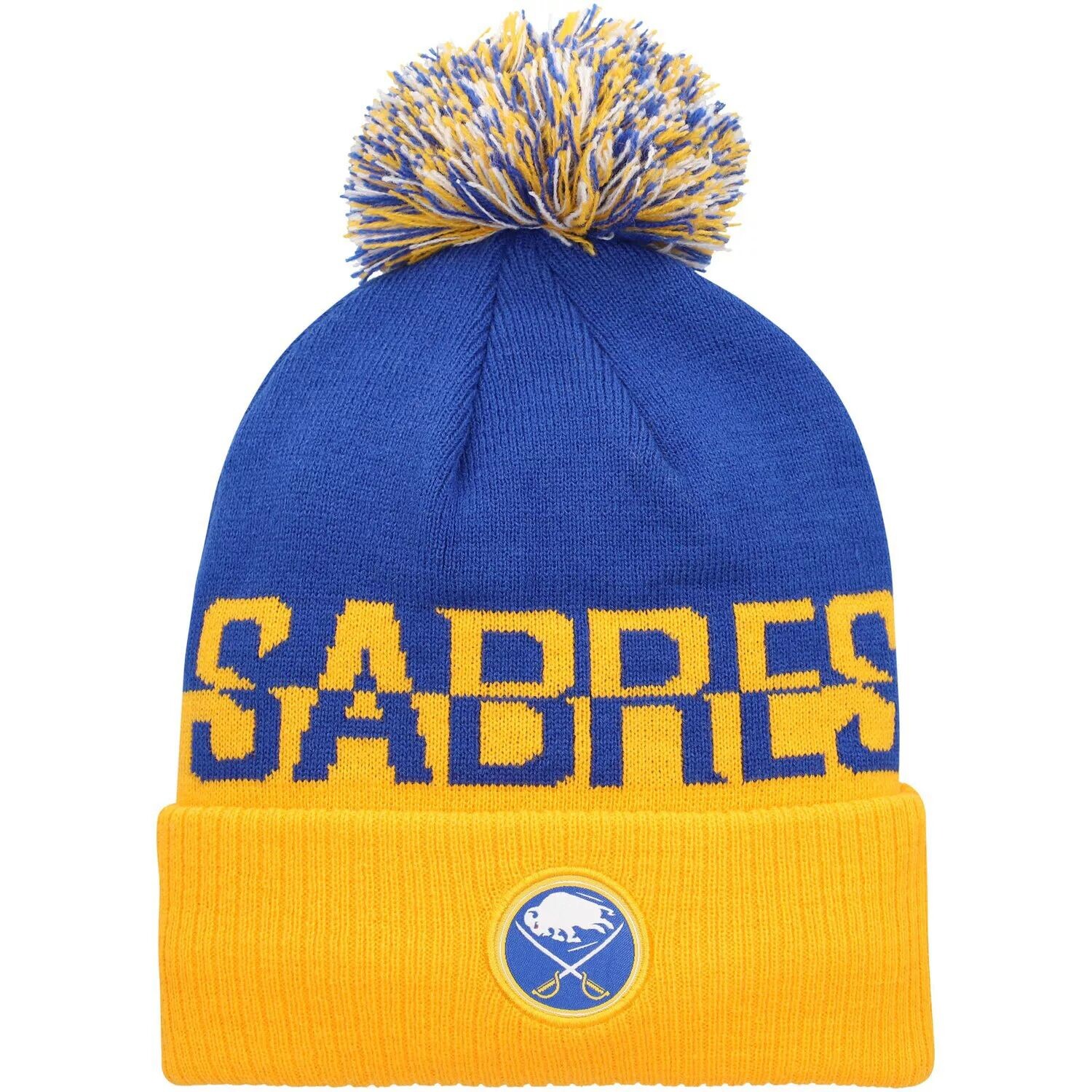 

Мужская вязаная шапка adidas Royal/Yellow Buffalo Sabers COLD.RDY с манжетами и помпоном