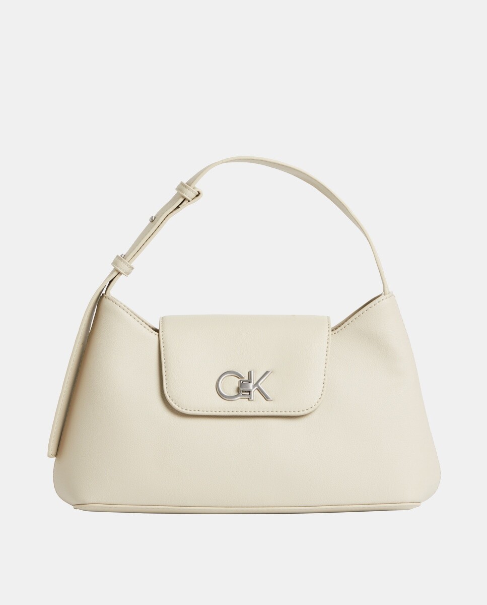 

Большая бежевая сумка через плечо с клапаном и металлическим логотипом Calvin Klein, бежевый