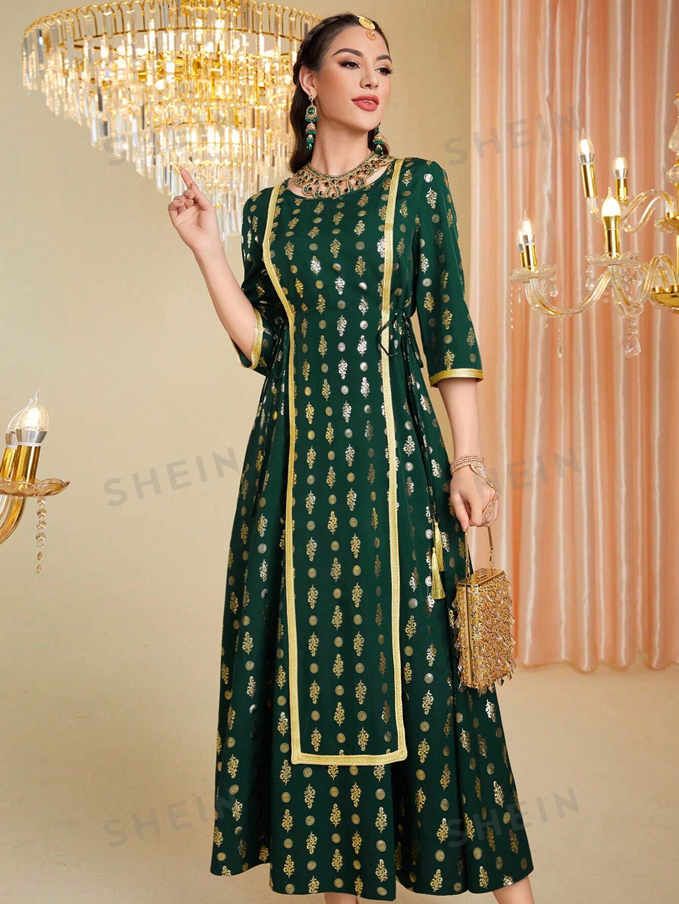 цена SHEIN Mulvari Женское традиционное платье с круглым вырезом, темно-зеленый