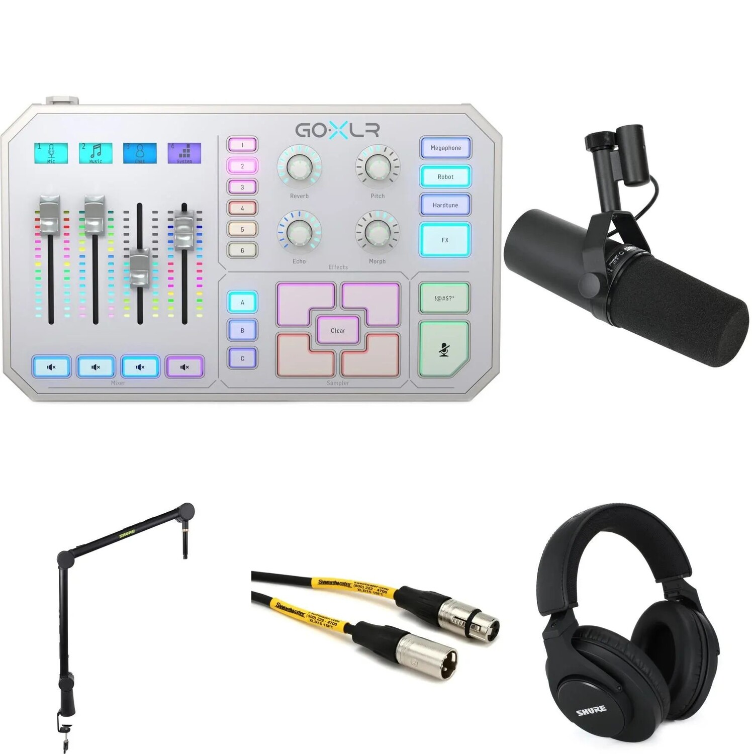 

Новый 4-канальный USB-микшер TC-Helicon GoXLR и комплект вещания Shure SM7B с наушниками — белый