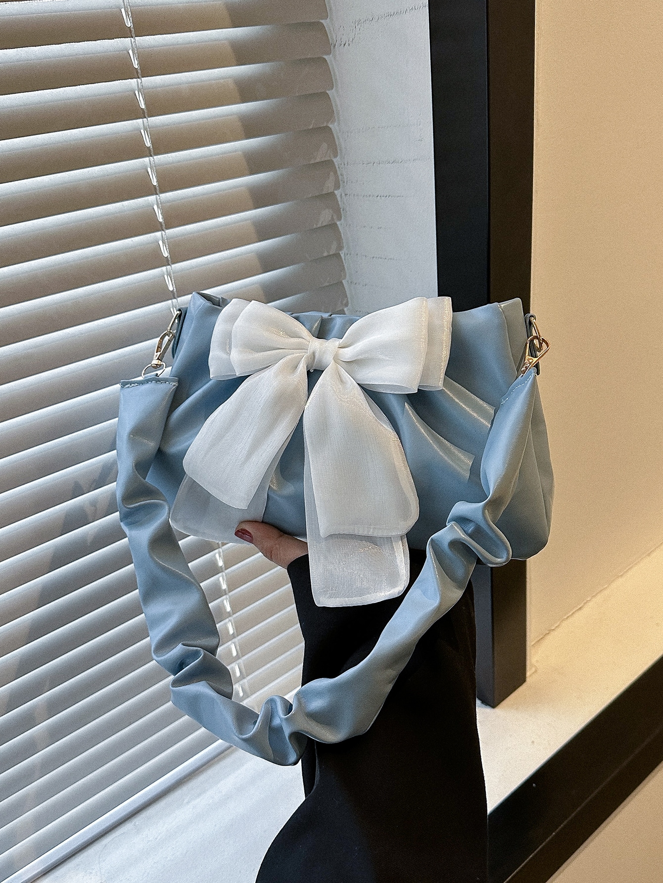 Легкая деловая повседневная сумка с рюшами и декором в виде банта для девочек-подростков, синий