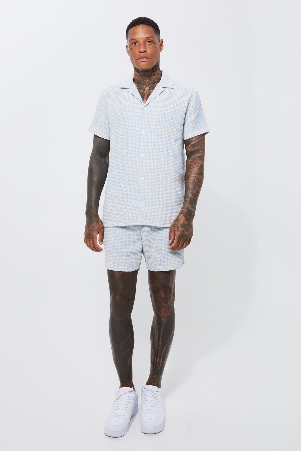 

Рубашка с коротким рукавом revere и короткий комплект Boohoo, синий