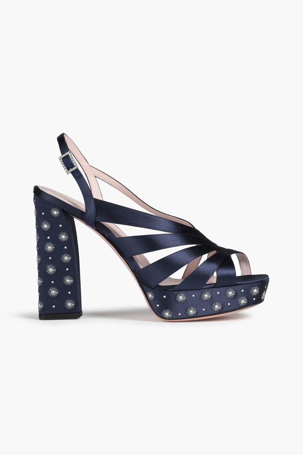 

Украшенные атласные босоножки на платформе с пяткой назад Roger Vivier, темно-синий