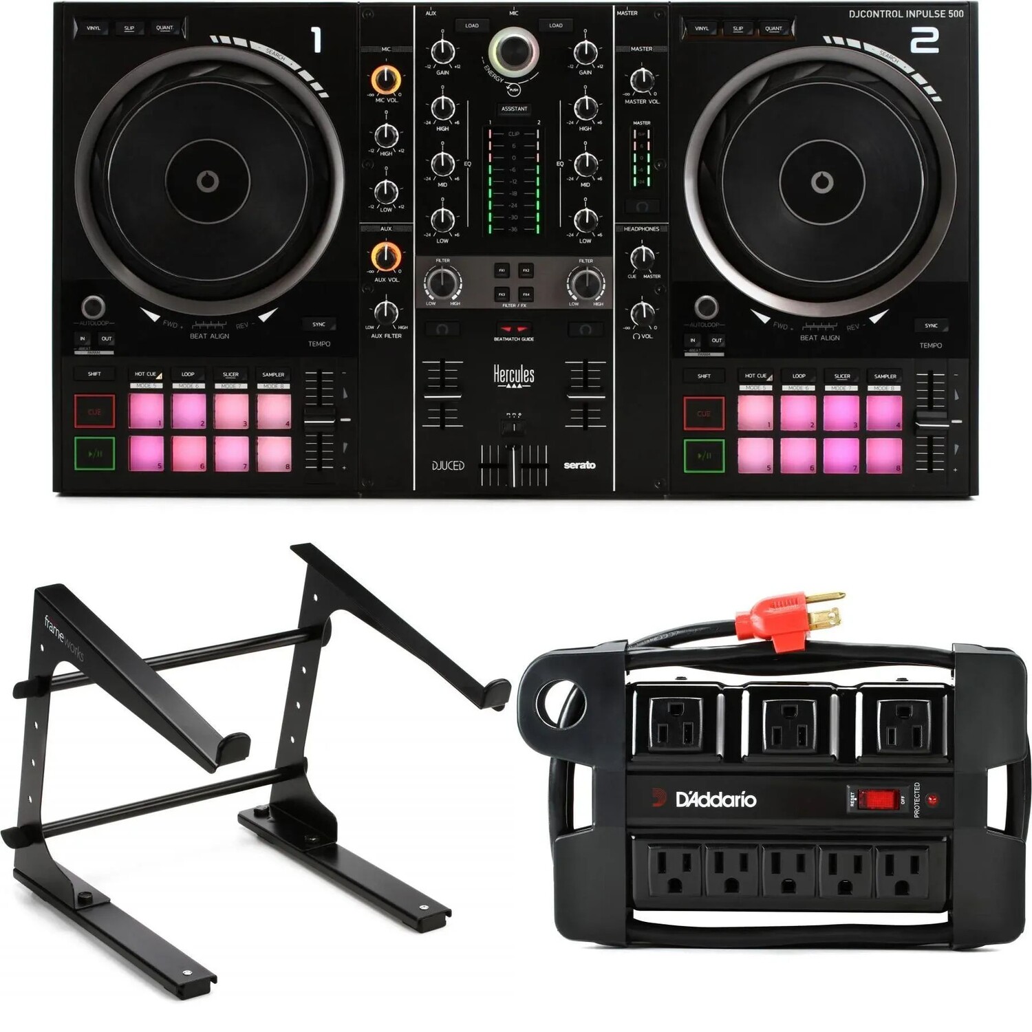 

Hercules DJ DJControl Inpulse 500 2-канальный DJ-контроллер с подставкой для ноутбука и блоком питания