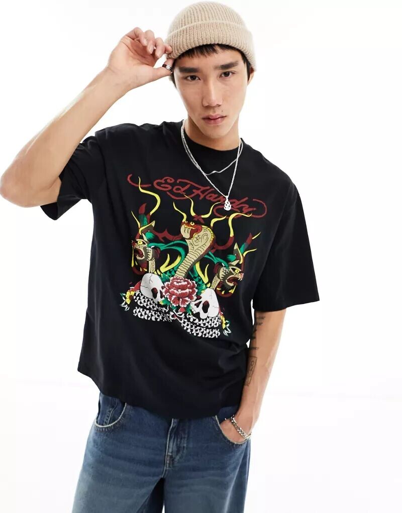 

Стираная футболка оверсайз Ed Hardy с графическим принтом кобры