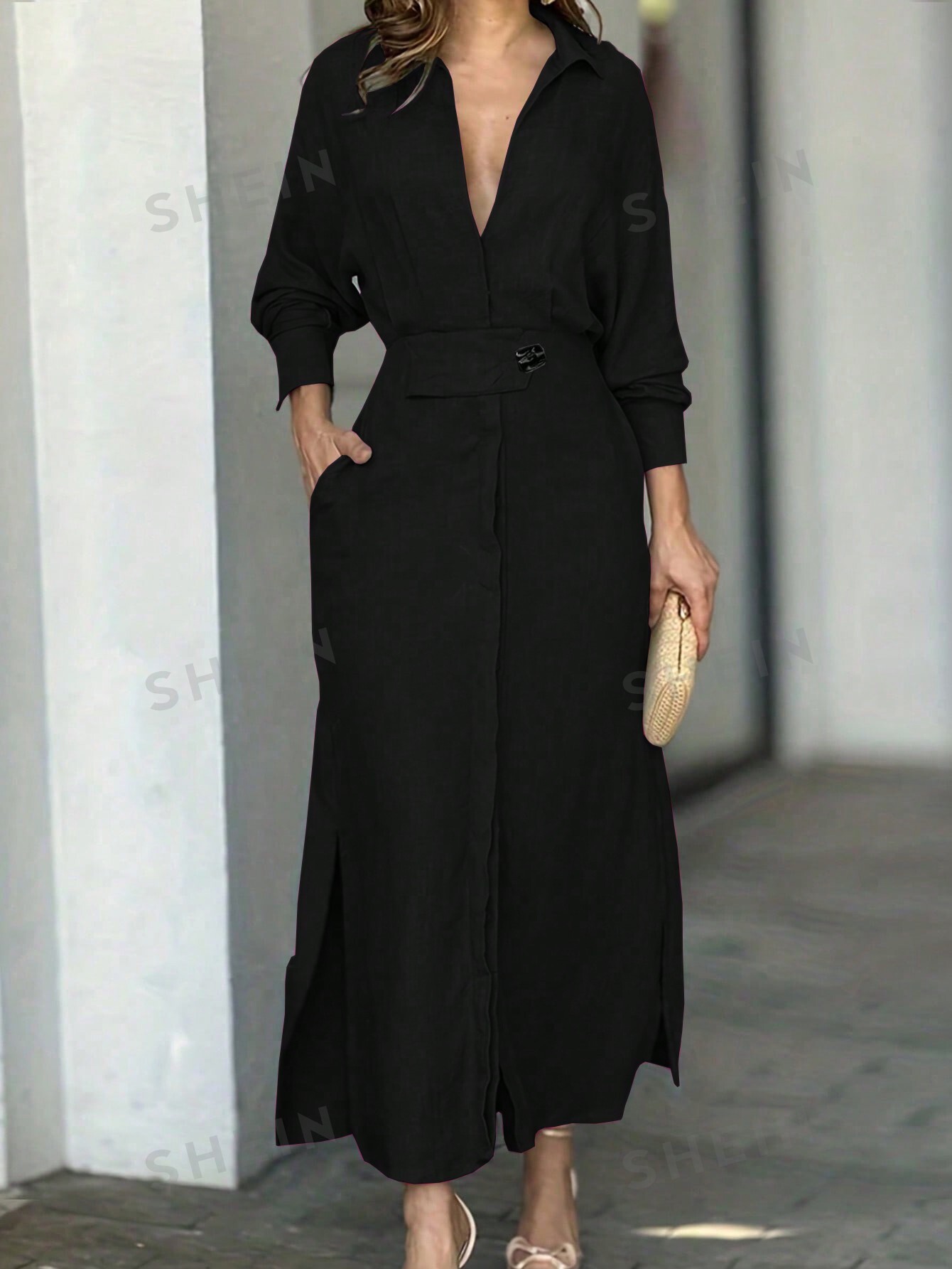 SHEIN Privé Однотонное платье макси с v-образным вырезом, черный