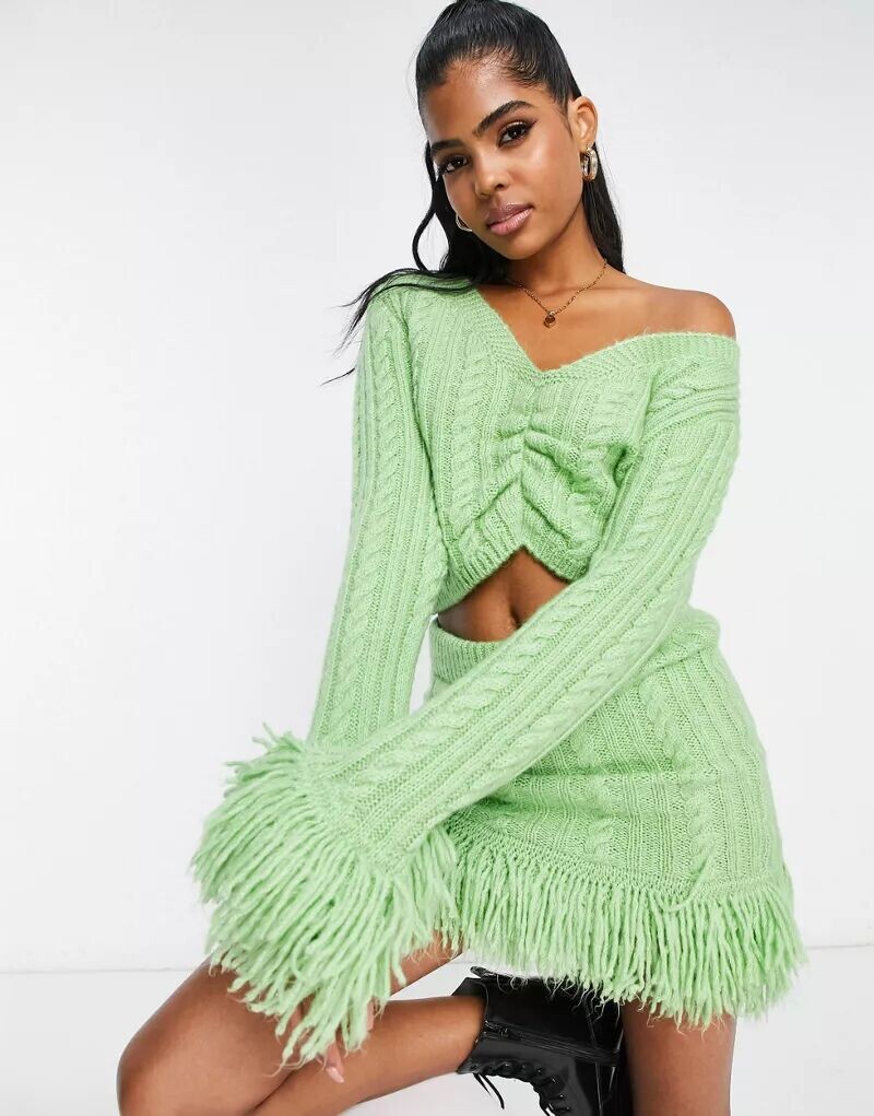 

Зеленый джемпер с бахромой и сборками Miss Selfridge
