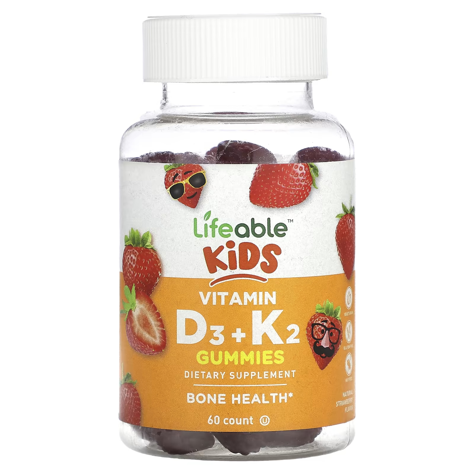 Пищевая добавка Lifeable Kids с витамином D3 + K2, натуральная клубника, 60 жевательных конфет пищевая добавка k2 d3 zhou nutrition клубника 60 жевательных таблеток