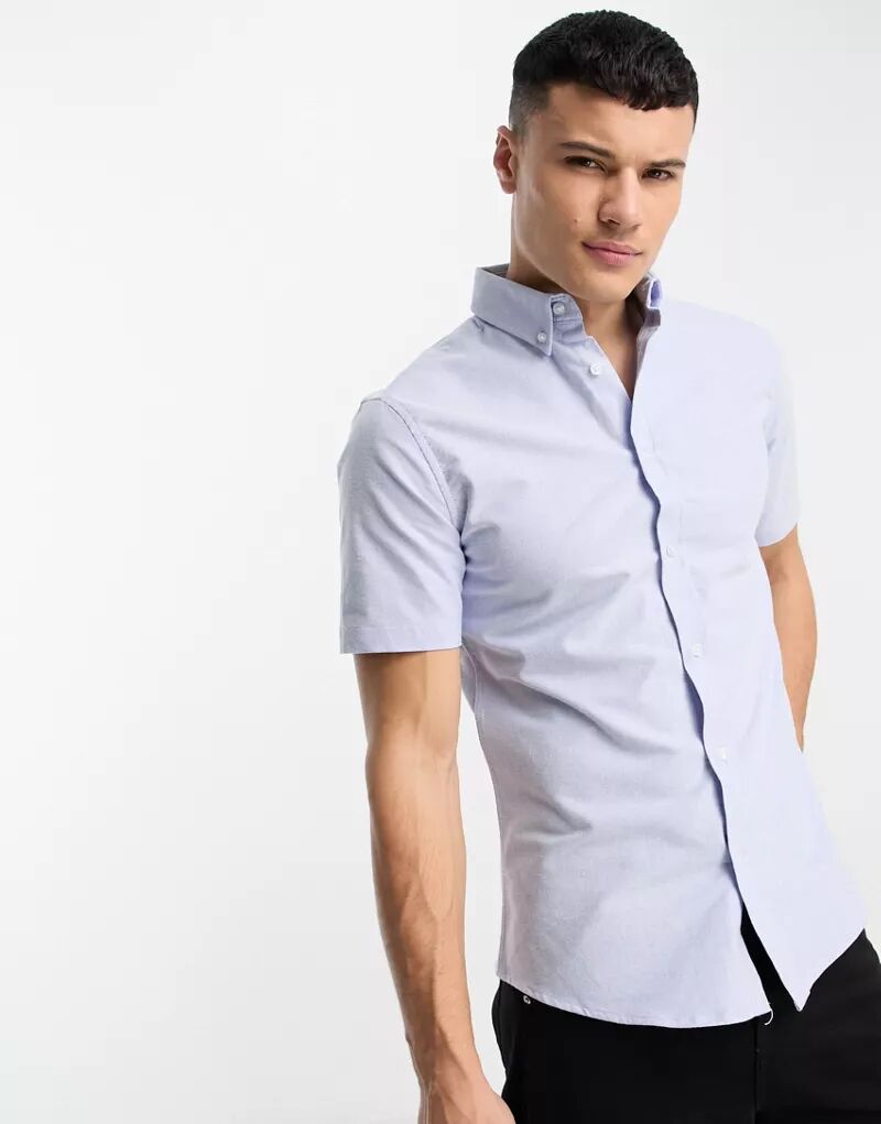 Голубая оксфордская рубашка стрейч с короткими рукавами River Island цена и фото
