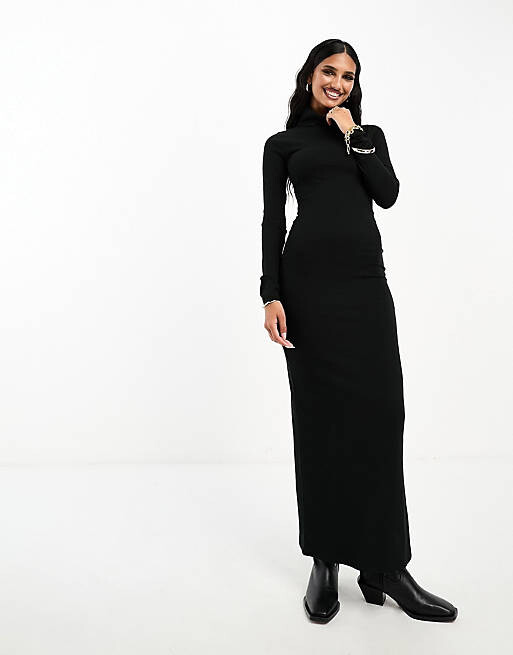 

Черное платье миди в рубчик с высоким воротником и длинными рукавами ASOS DESIGN