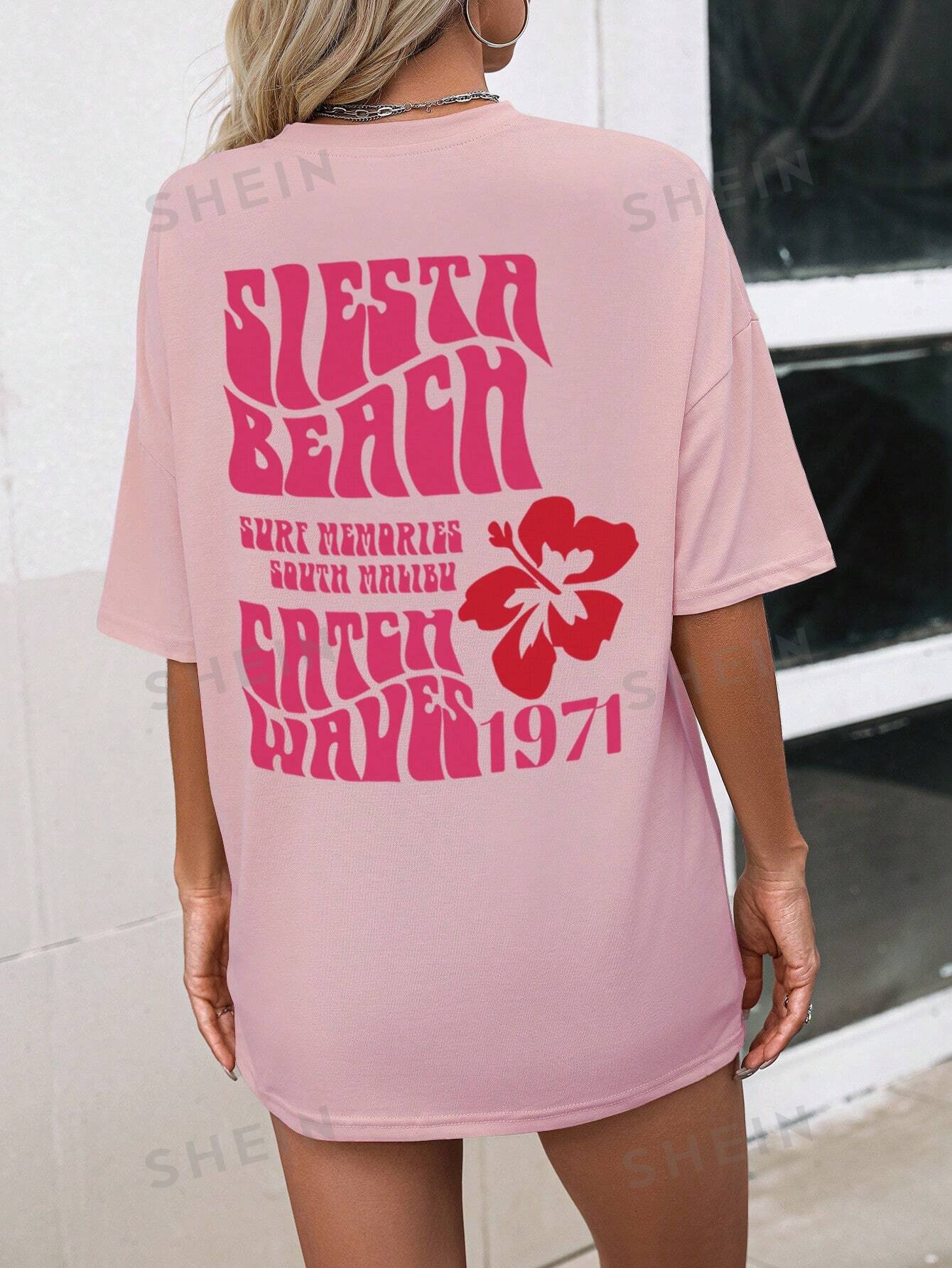 цена SHEIN Essnce Футболка с заниженными плечами и принтом со слоганом, детский розовый